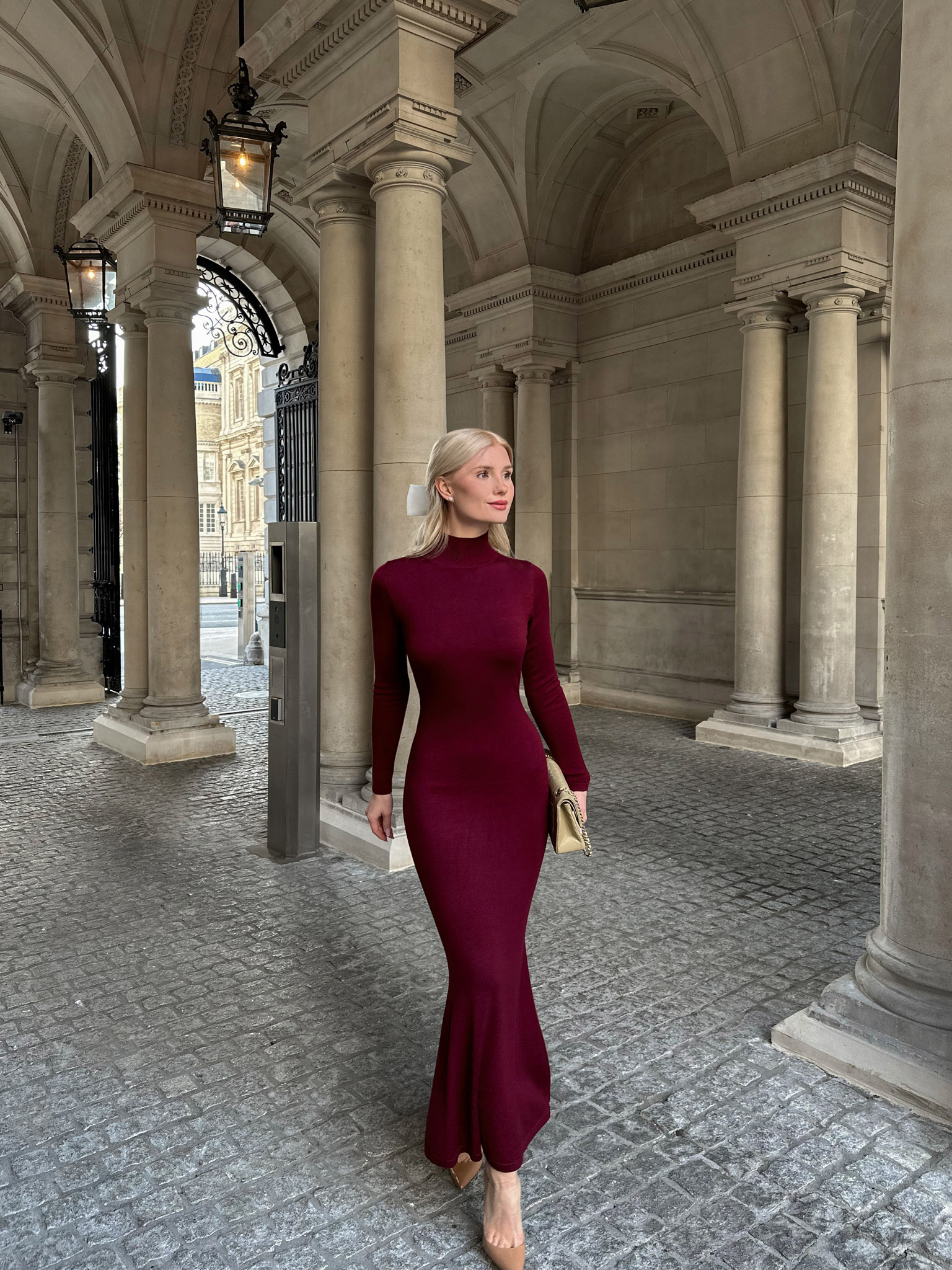 Jersey maxi dress with a high collar