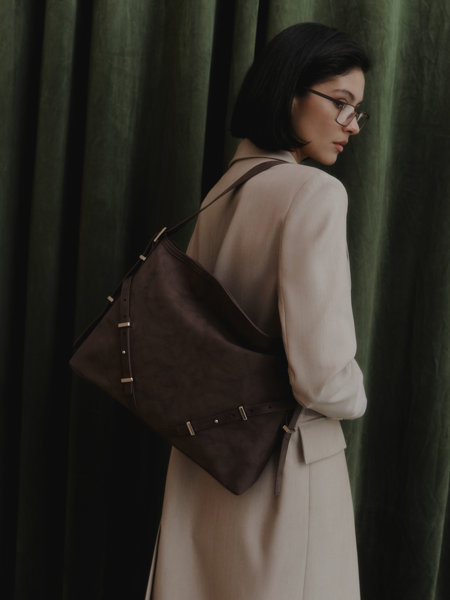 Rectangular eco-leather bag with metal decor