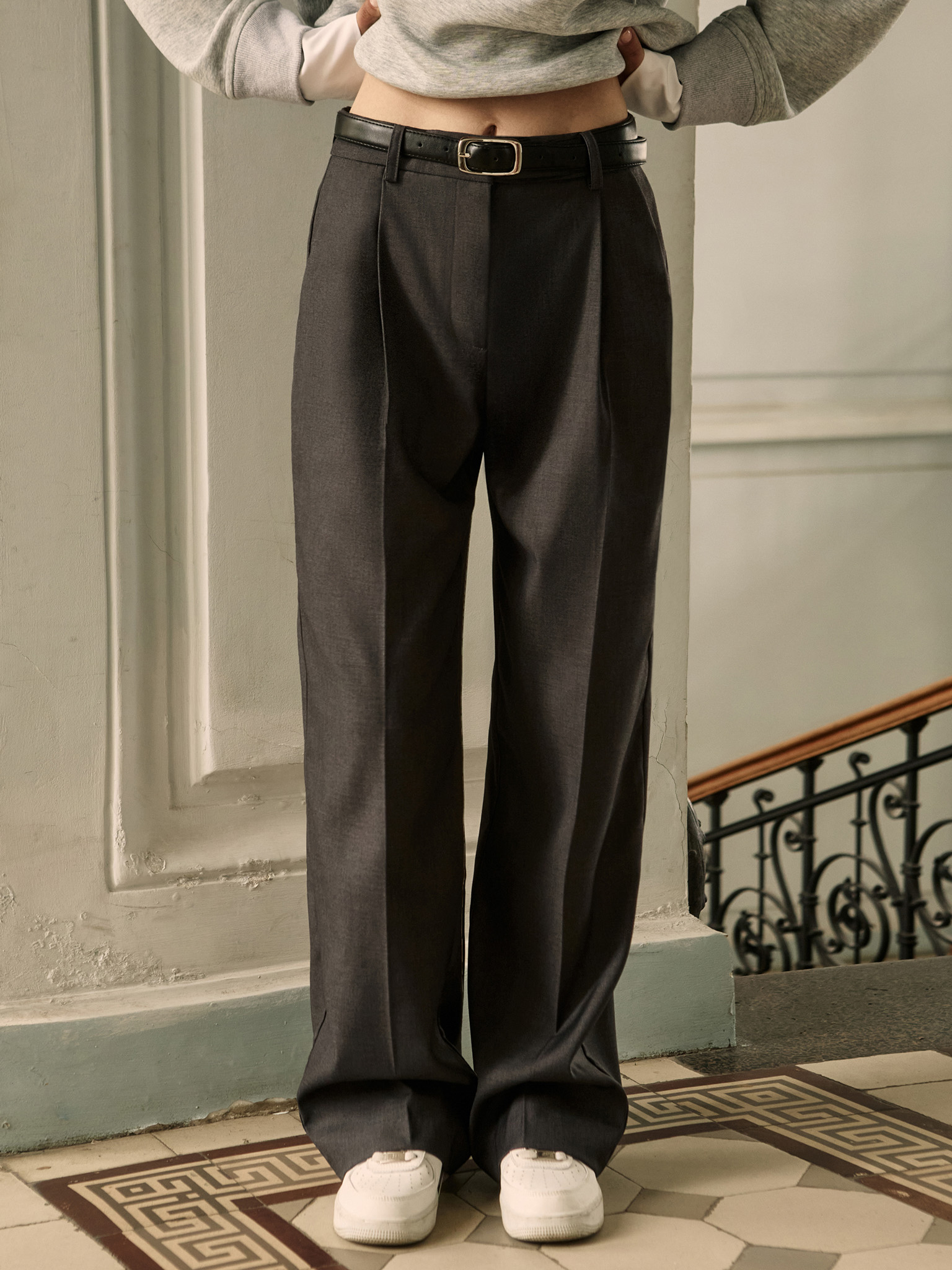 Straight suiting trousers with eco-leather belt