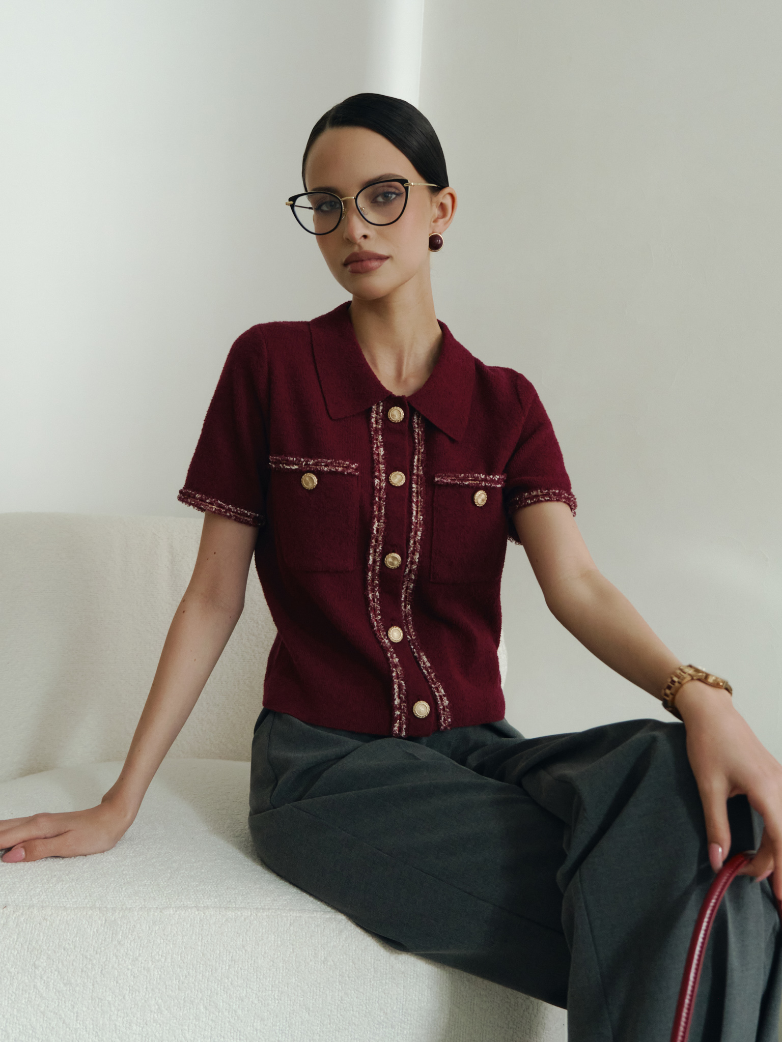 Топ из вязаного трикотажа с фактурными деталями и пуговицами