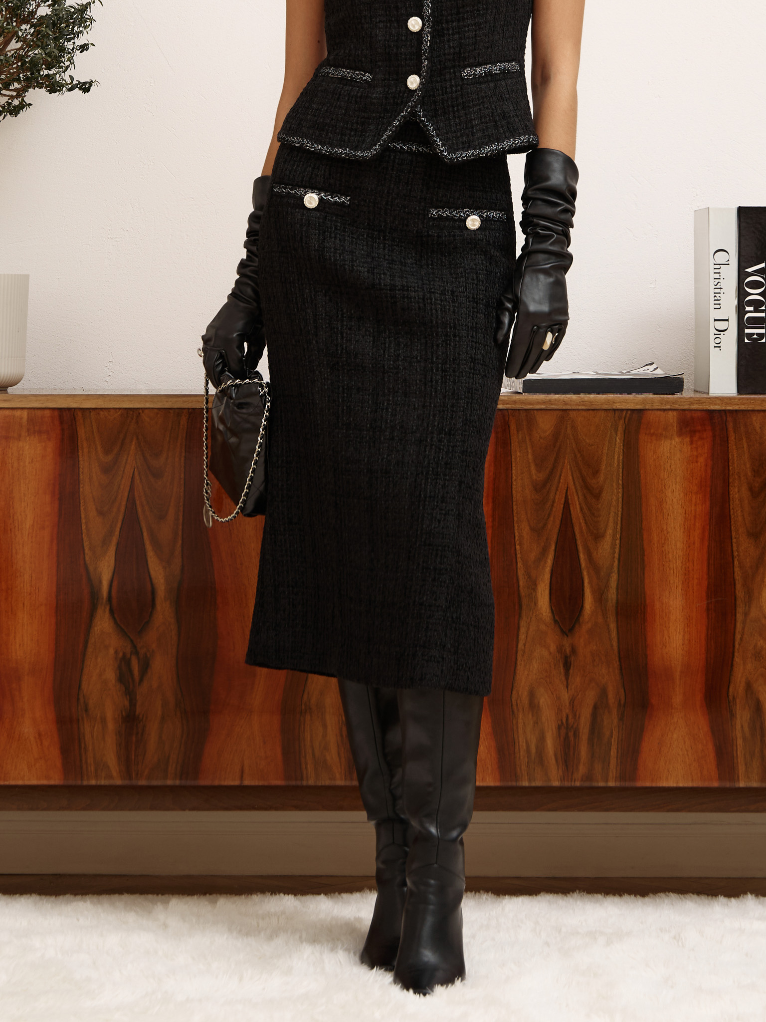 Tweed midi skirt with textured edging and large buttons