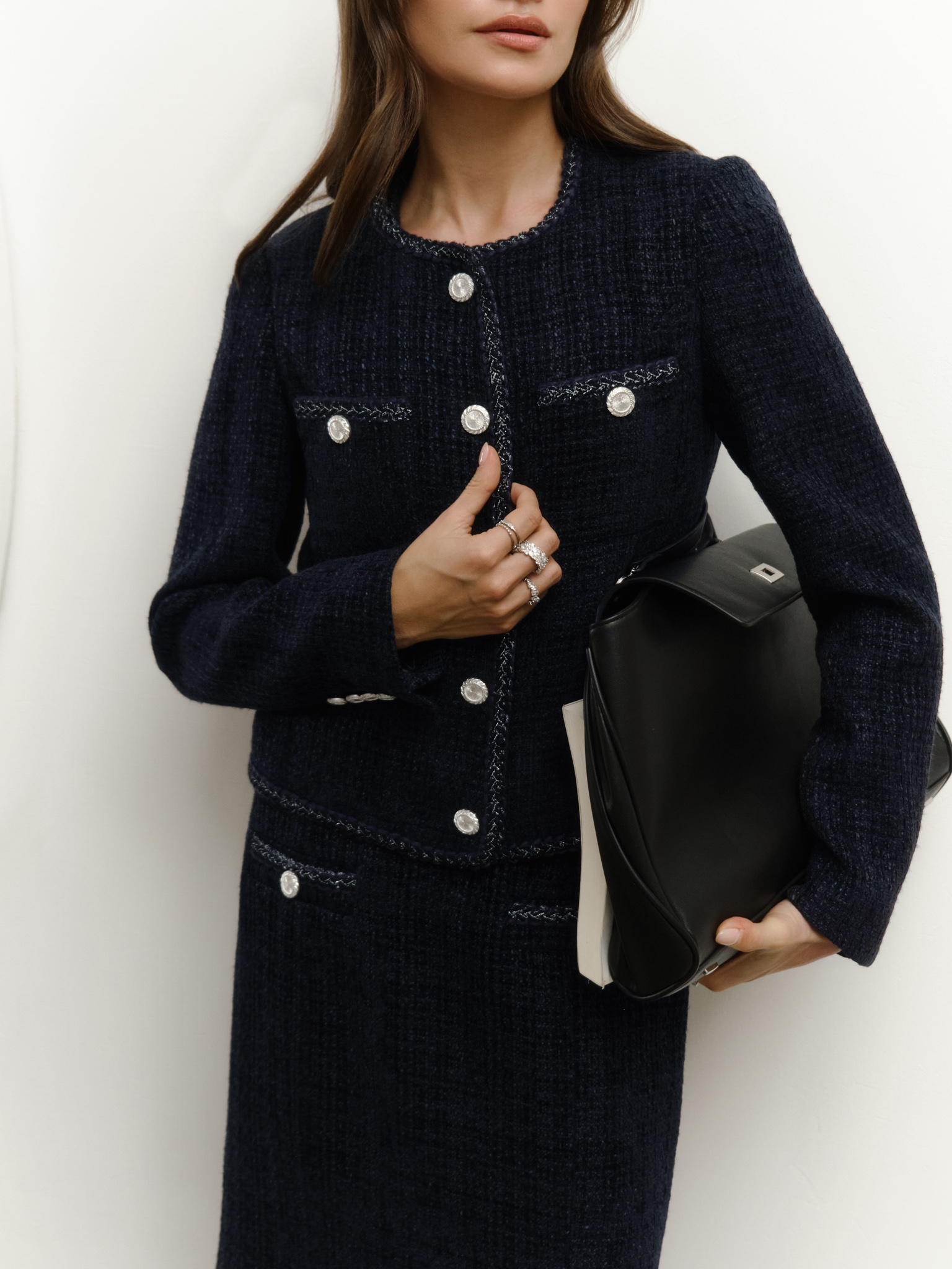 Tweed single-breasted jacket with textured edging and large buttons