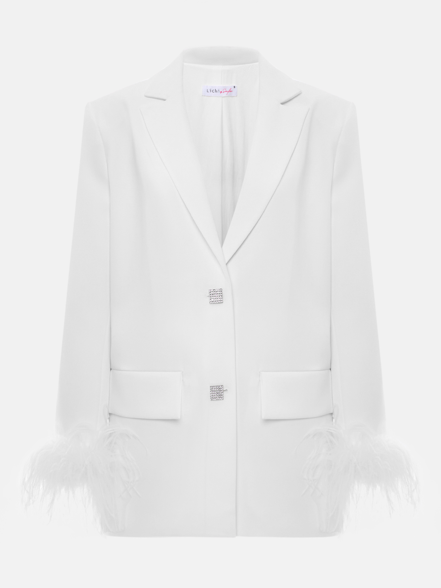 Single-breasted jacket with accent buttons and feathers