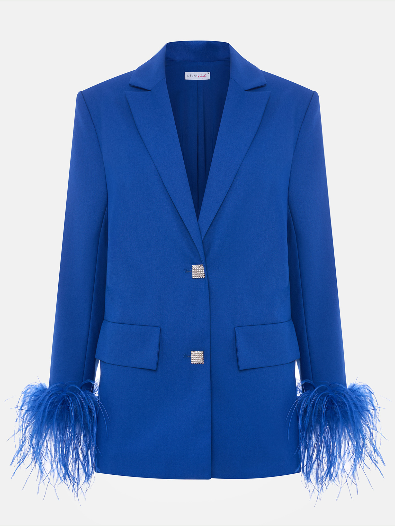 Single-breasted jacket with accent buttons and feathers