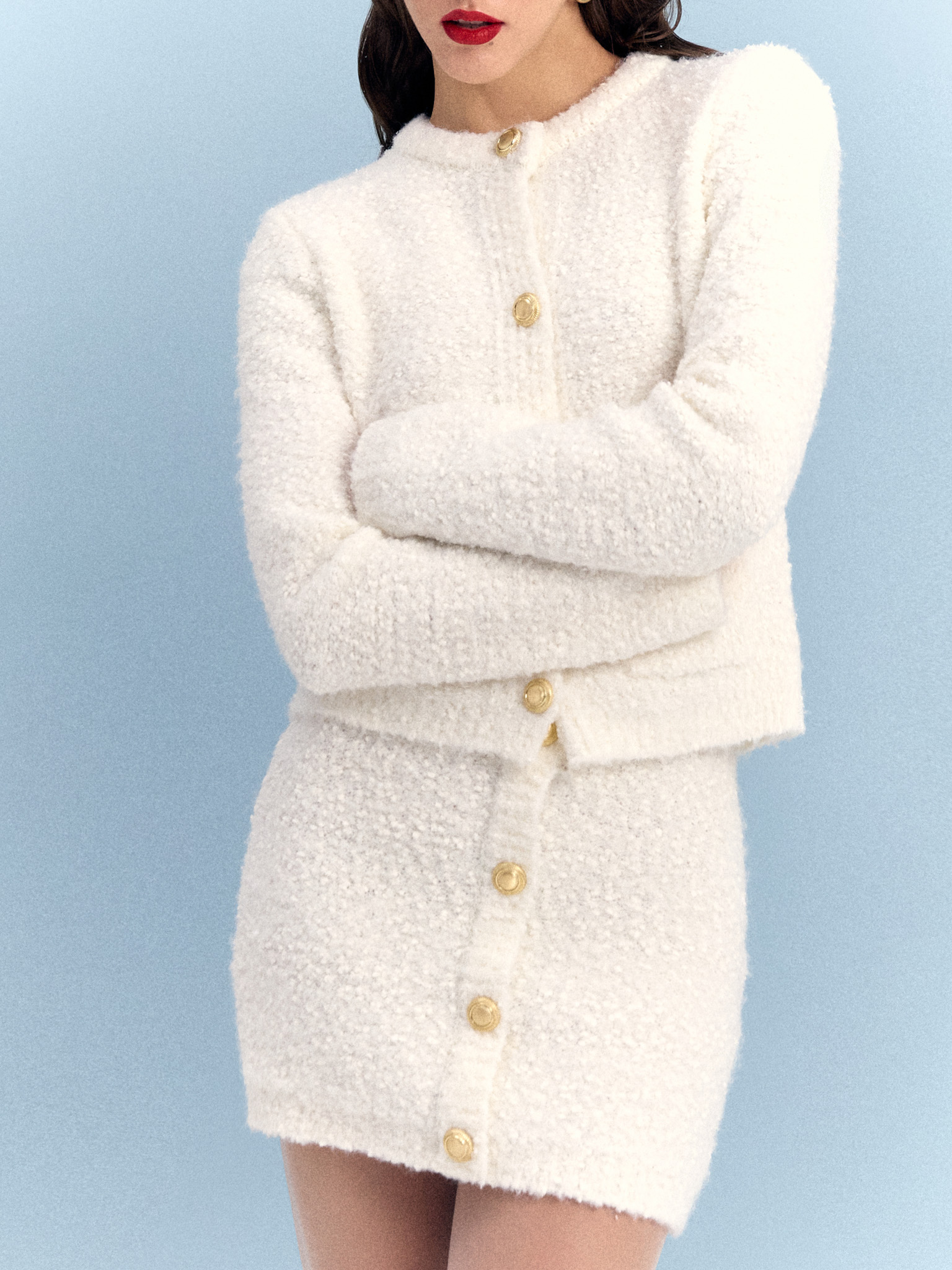 Straight fluffy knit mini skirt