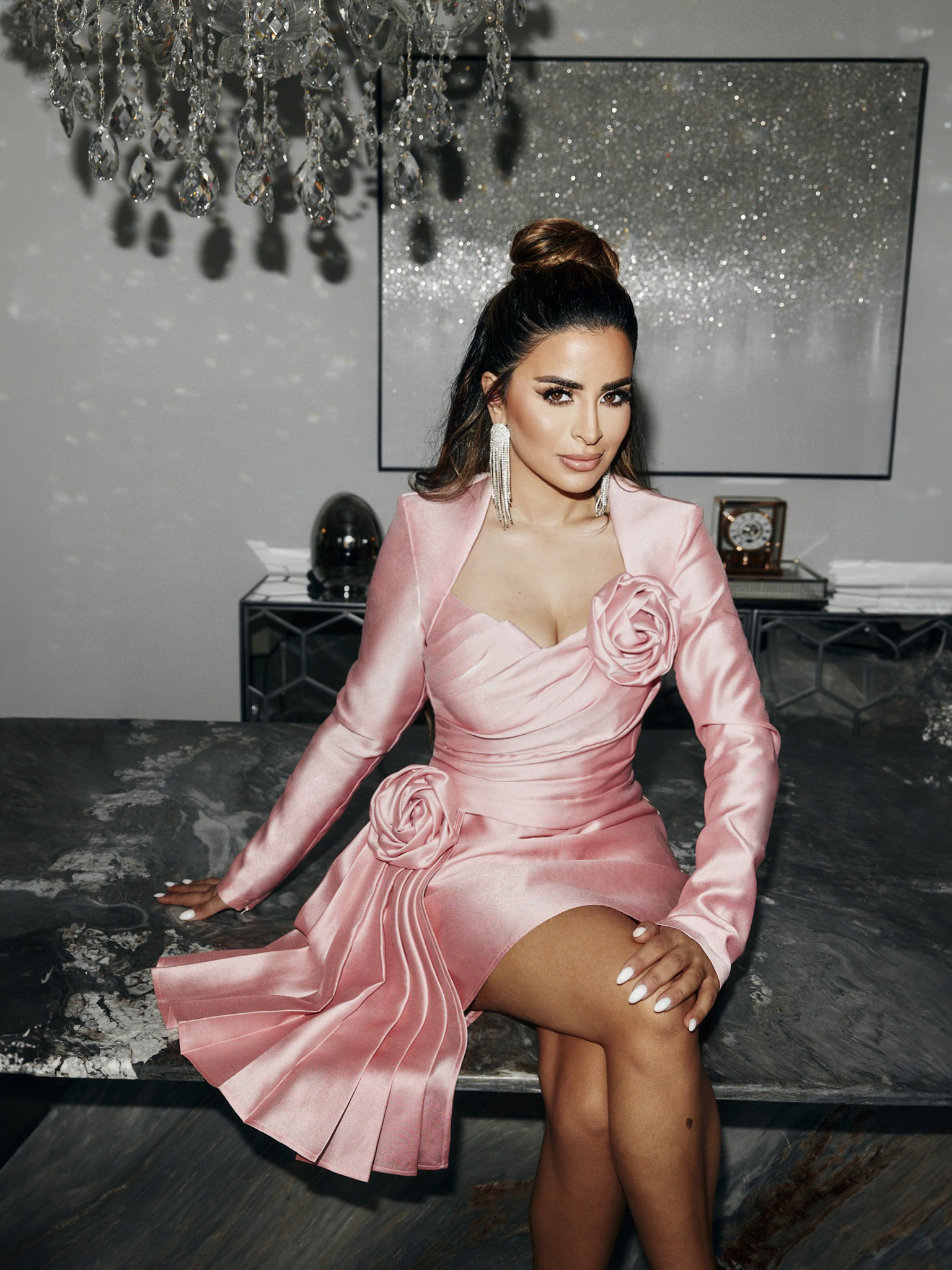 Satin mini dress with flowers on the bodice