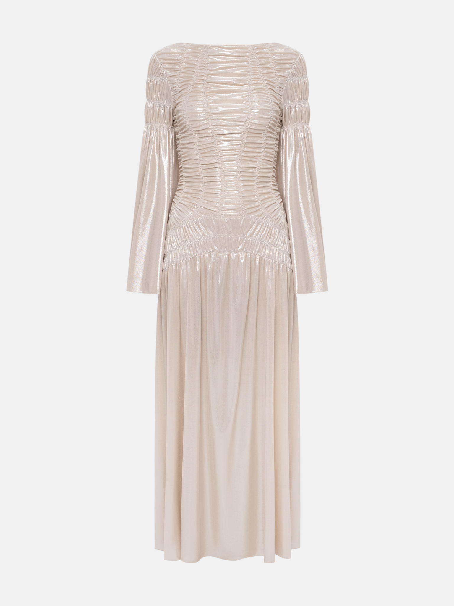 Metallic maxi dress with gathers on the bodice and shoulders