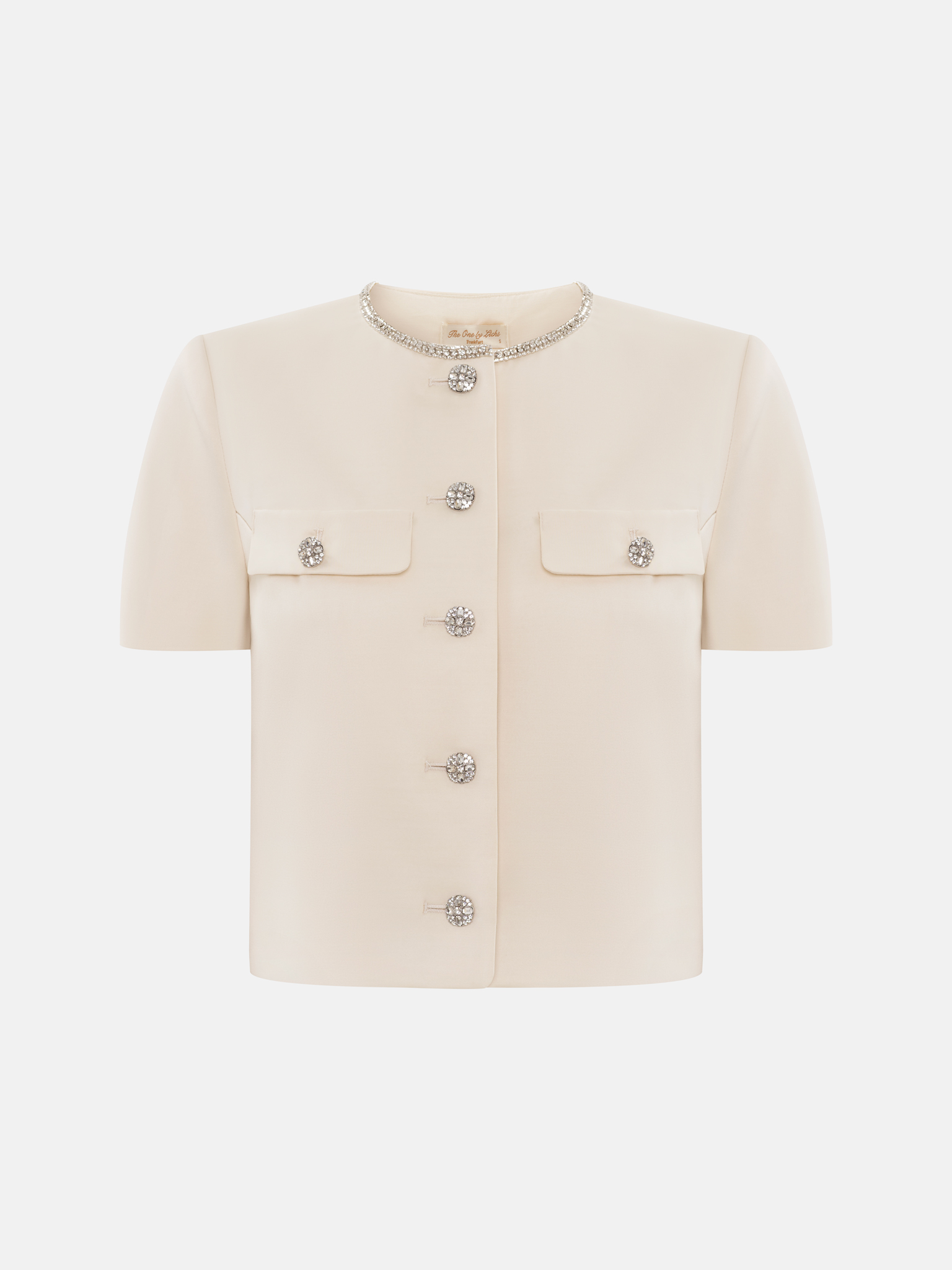 Short sleeved jacket with rhinestone buttons