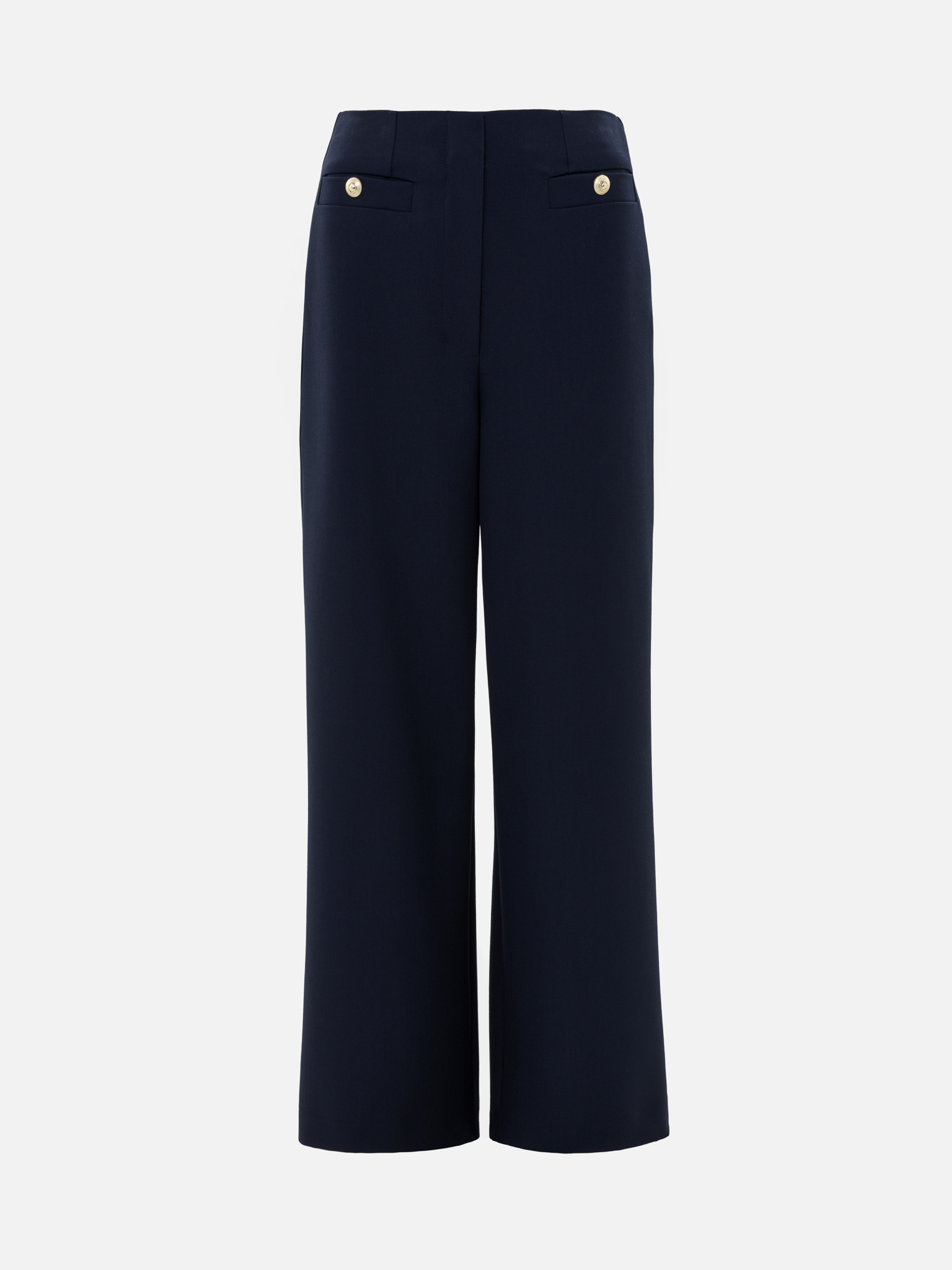 Mid-rise trousers with front creases and oversized buttons