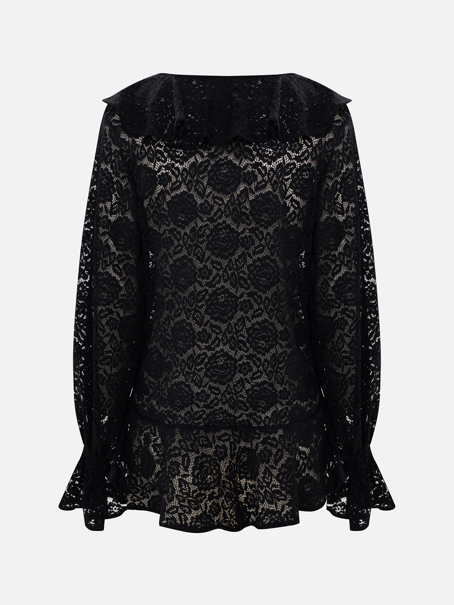 Openwork blouse with voluminous flounces on the collar
