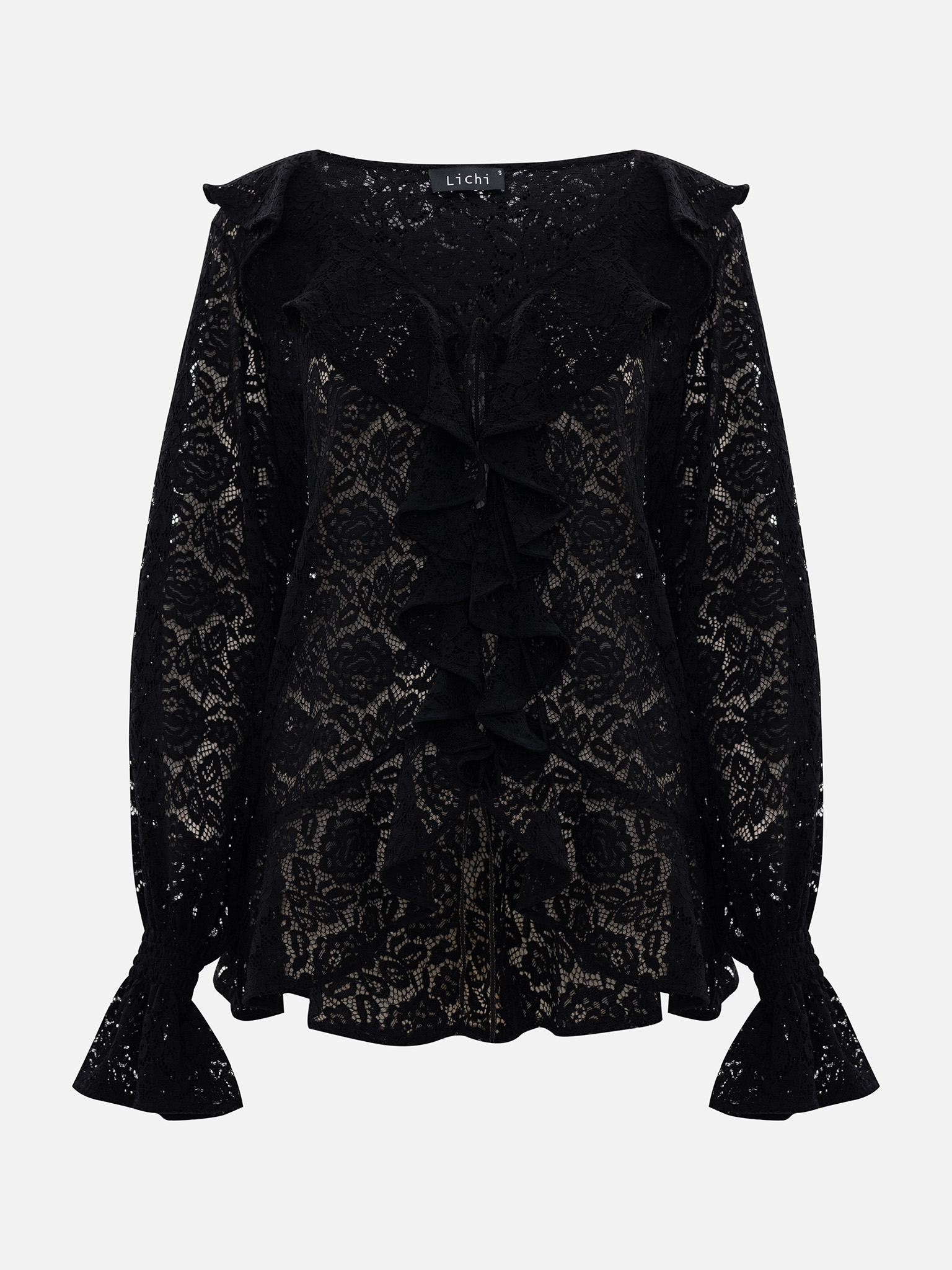 Openwork blouse with voluminous flounces on the collar