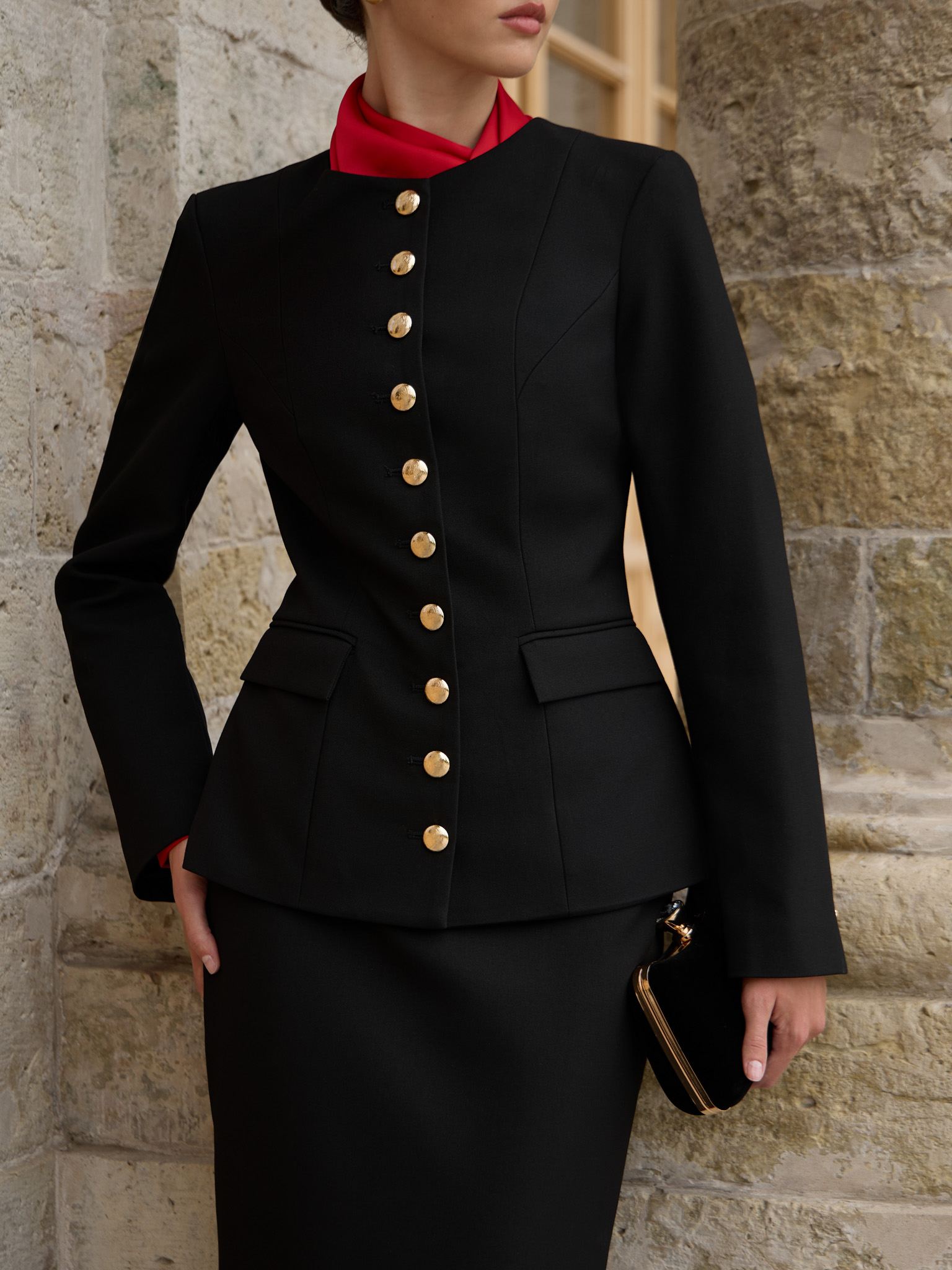 Flared jacket with large golden buttons