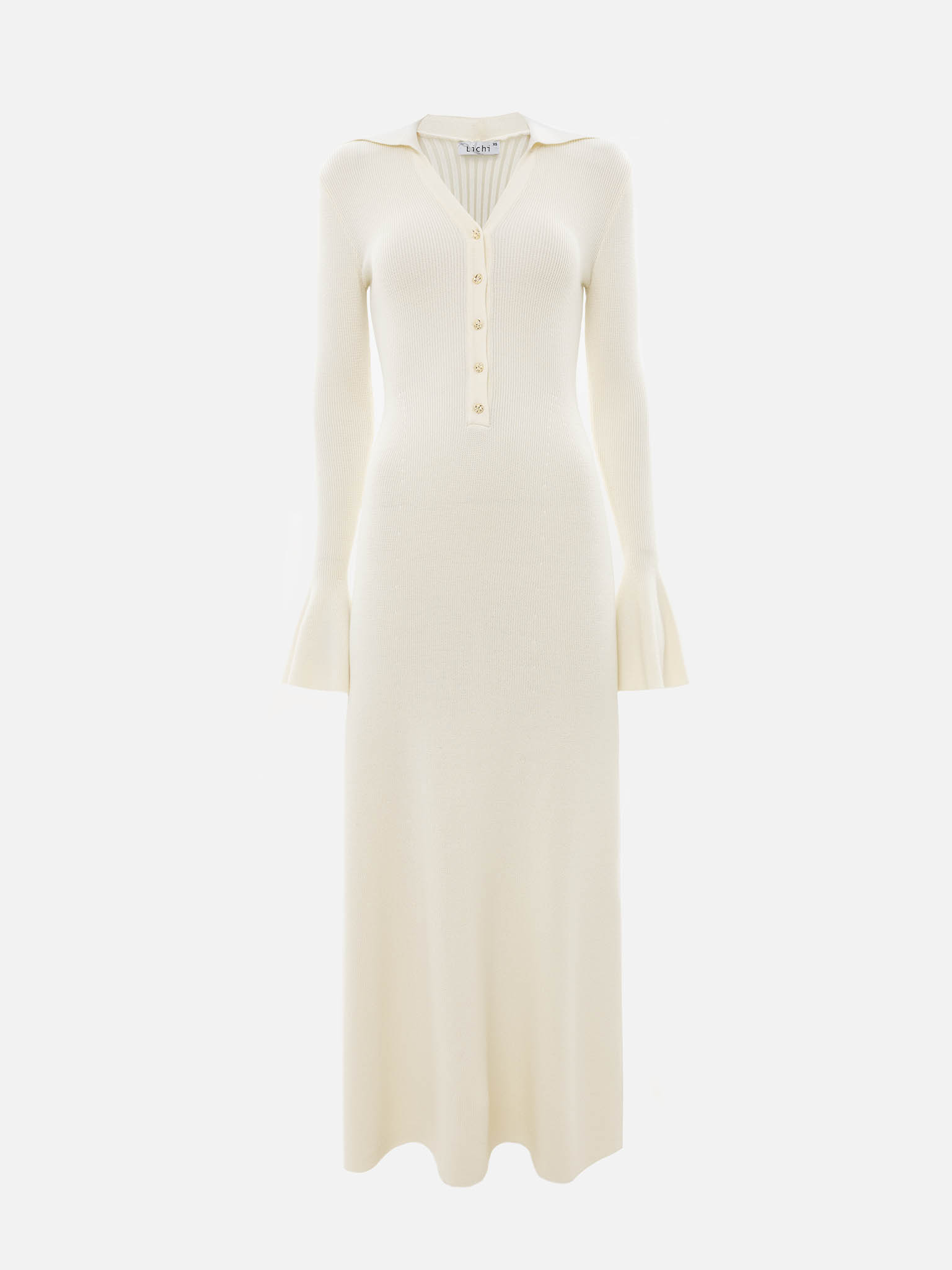 Rib-knit maxi dress with voluminous cuffs and button fastening