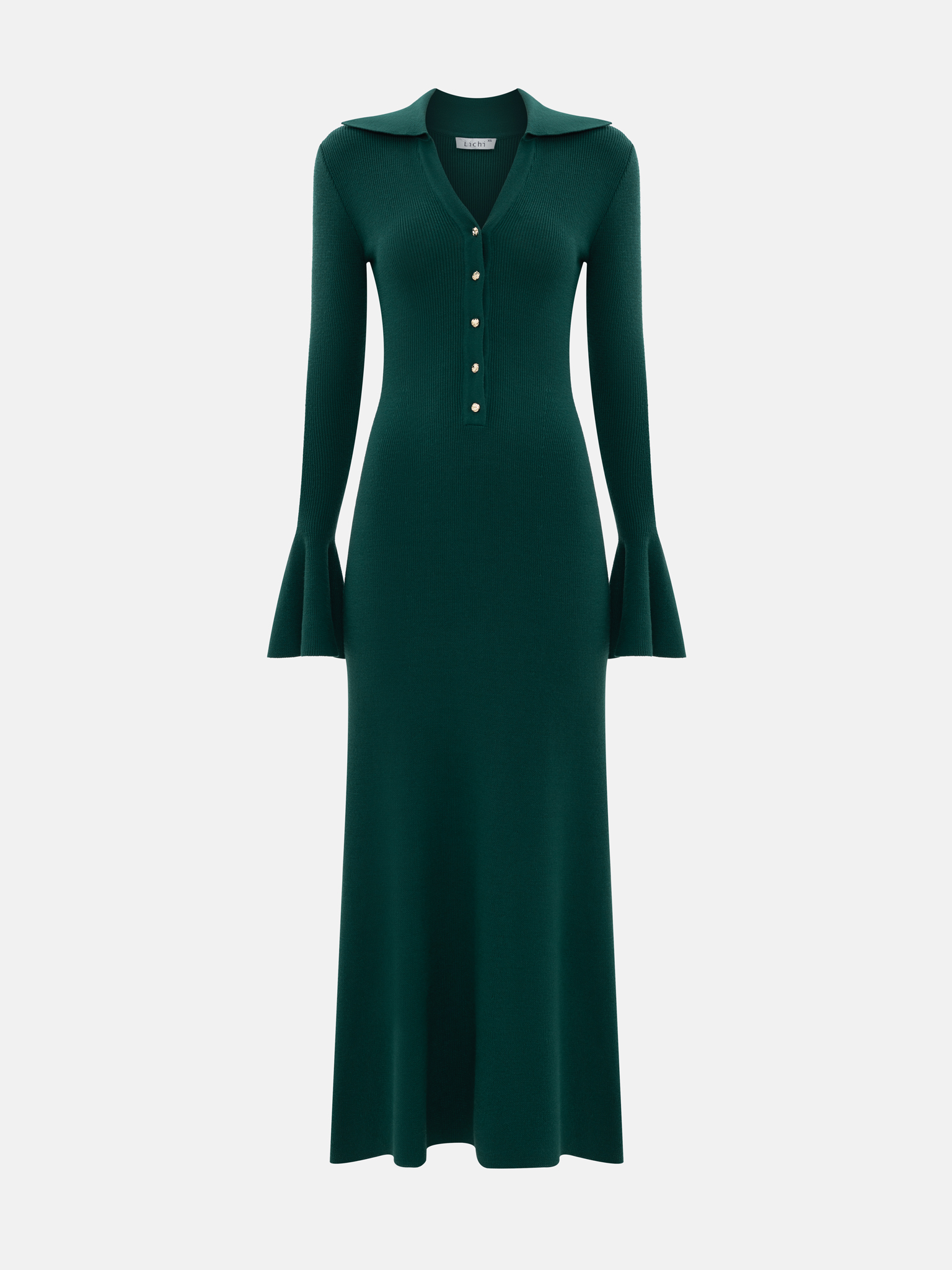 Rib-knit maxi dress with voluminous cuffs and button fastening