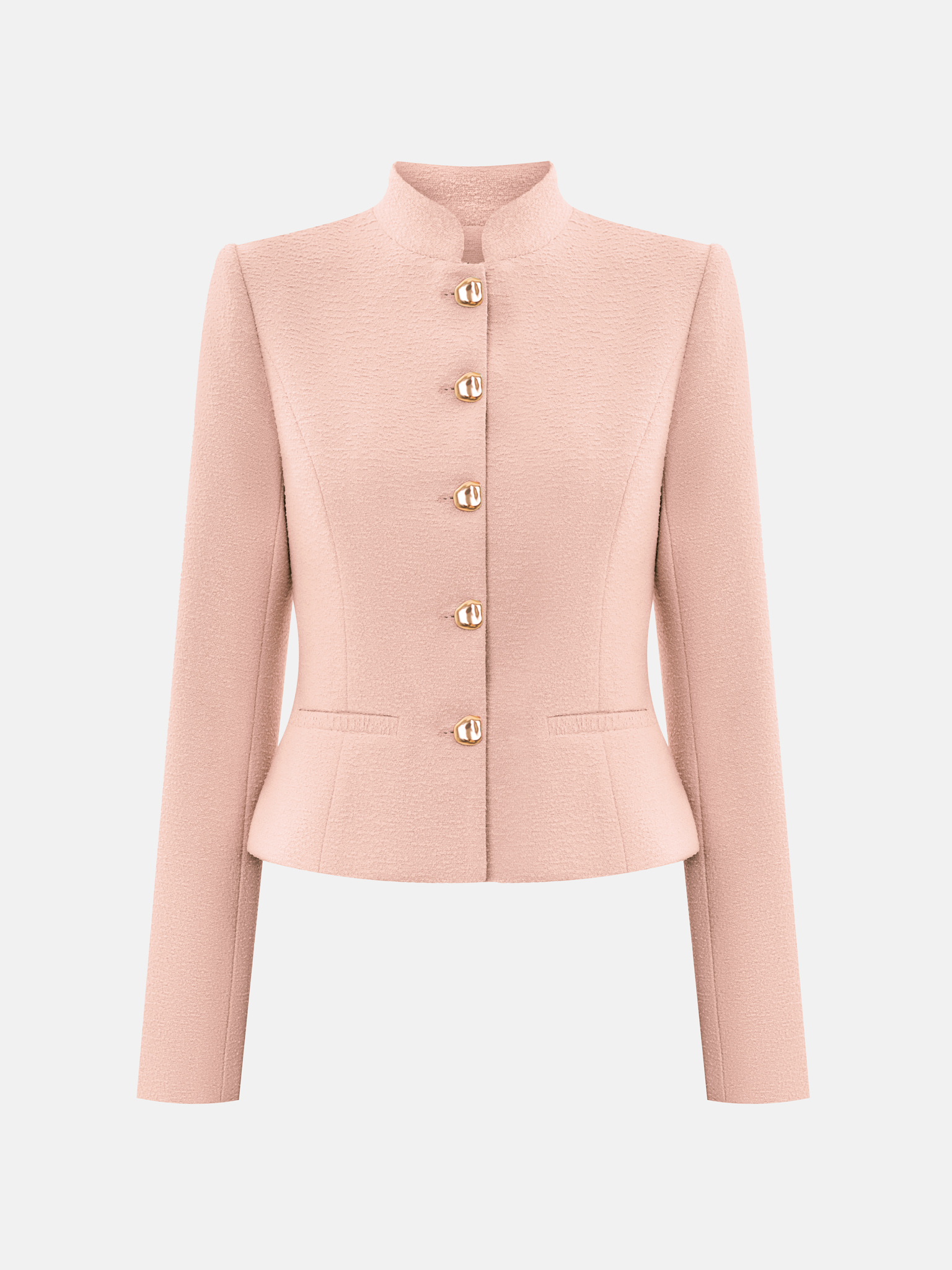 Straight jacket with stand-up collar and large buttons