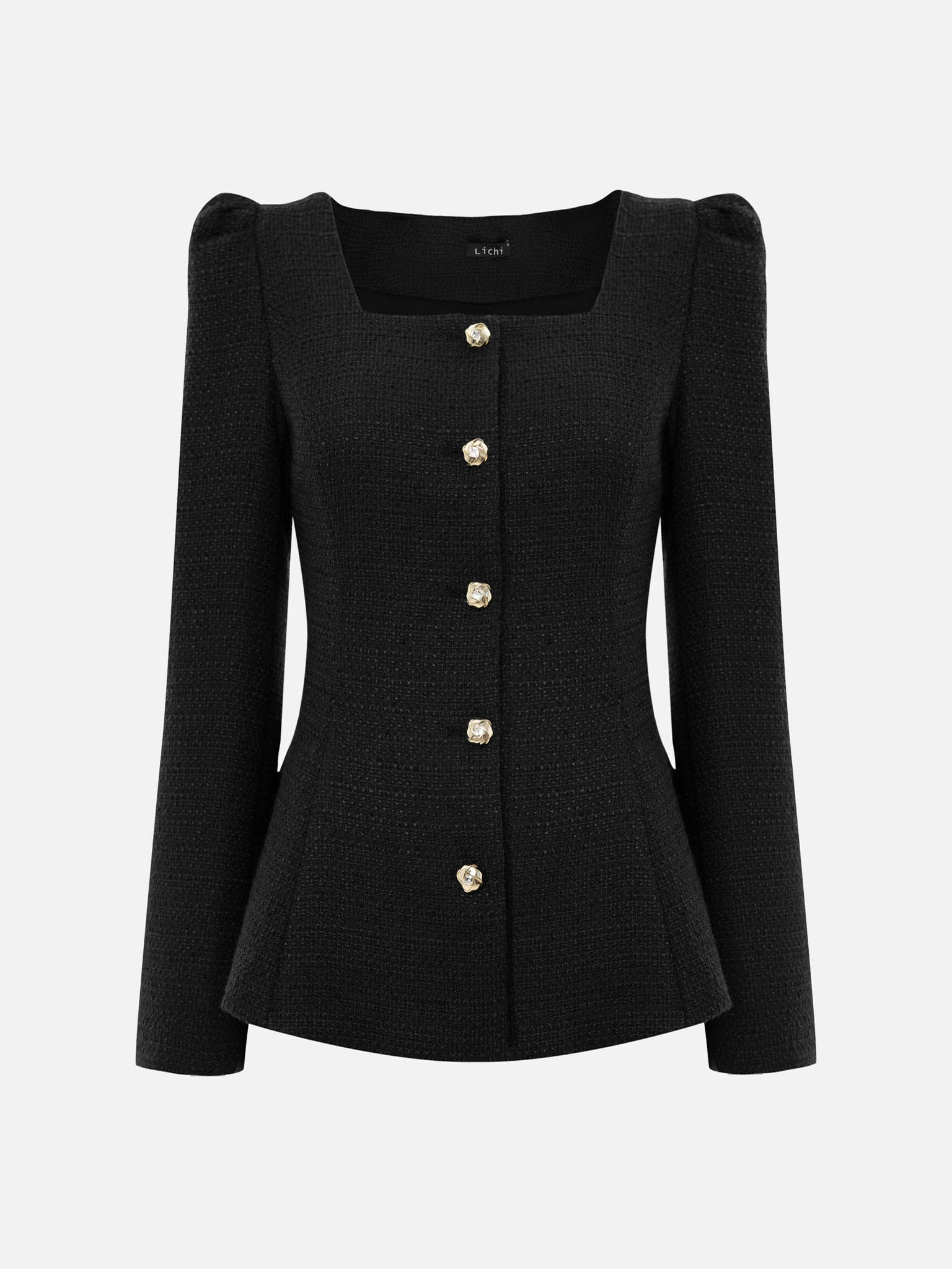 Твидовый жакет с квадратным вырезом и золотистыми пуговицами