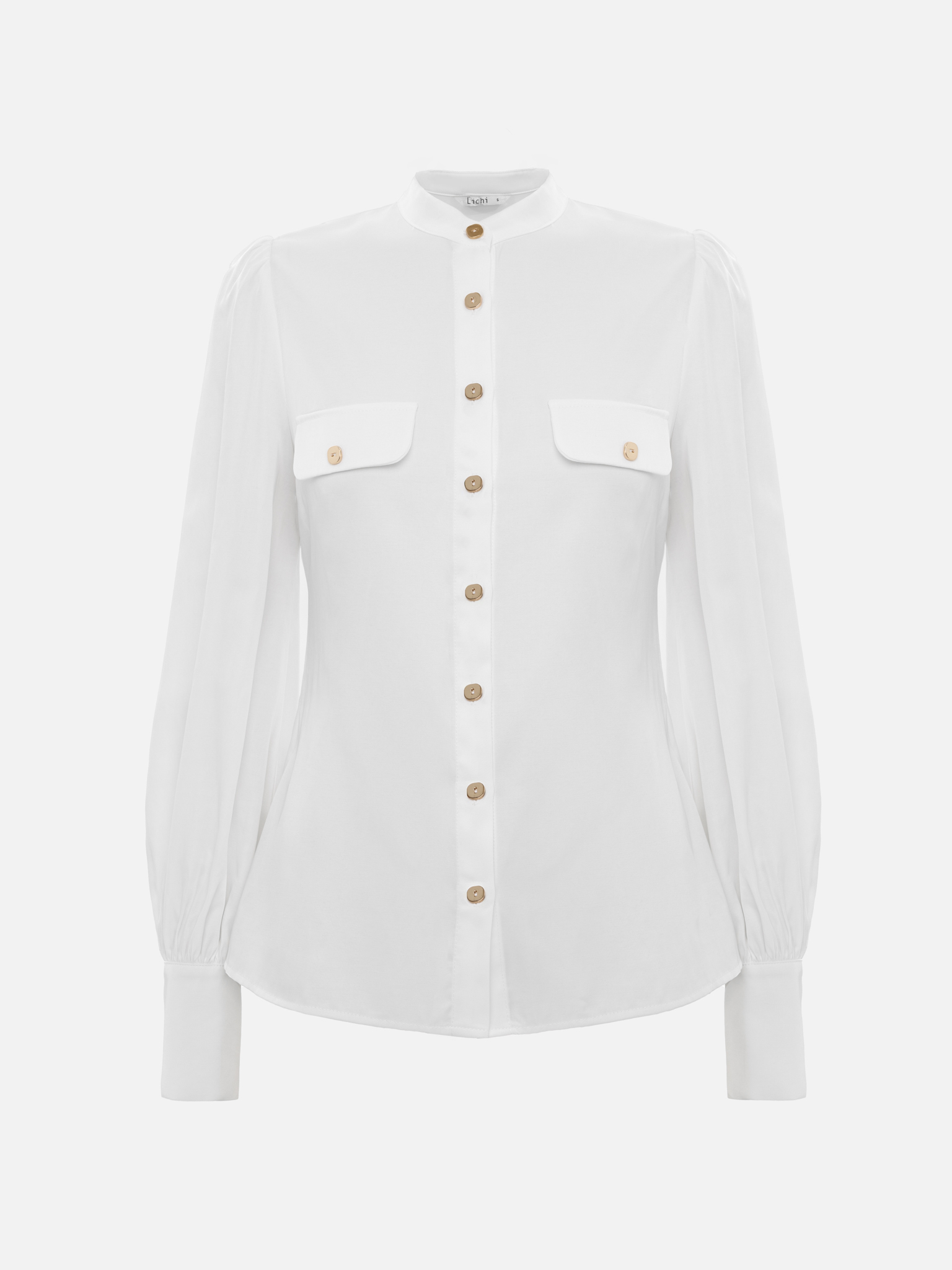 Shirt with voluminous sleeves and metallized buttons