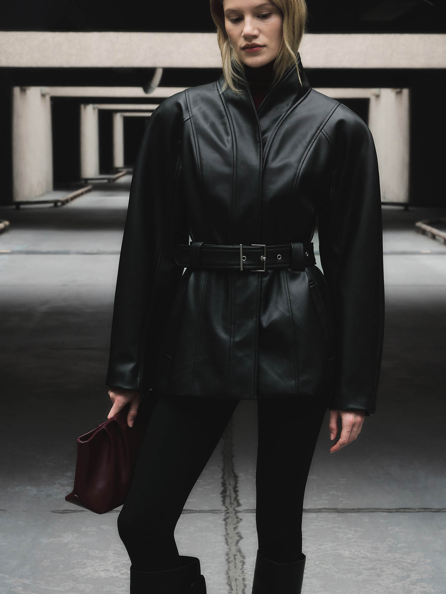 Straight eco-leather jacket with wide belt