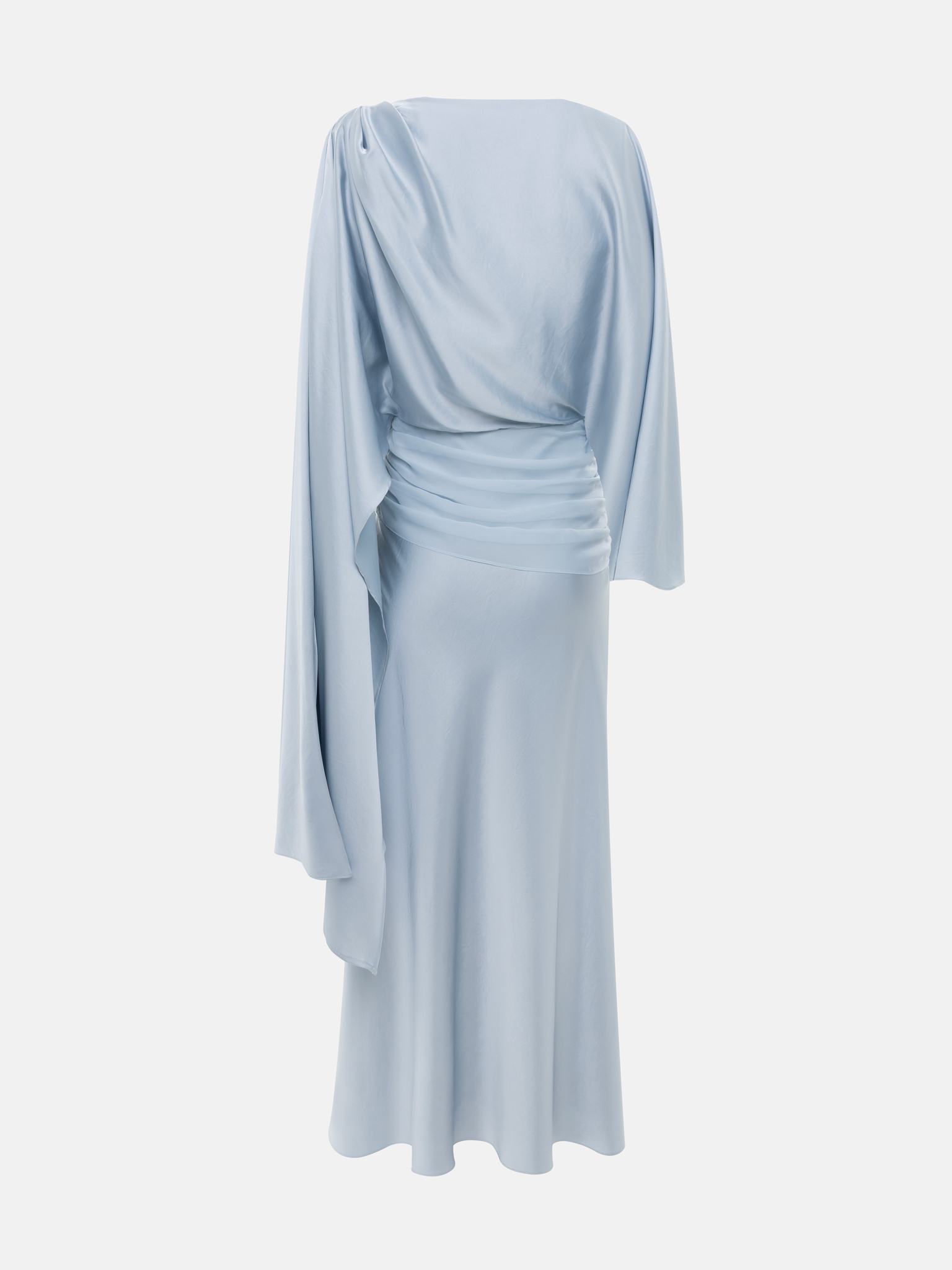 Satin maxi floor-length dress with asymmetrical drapery on the bodice