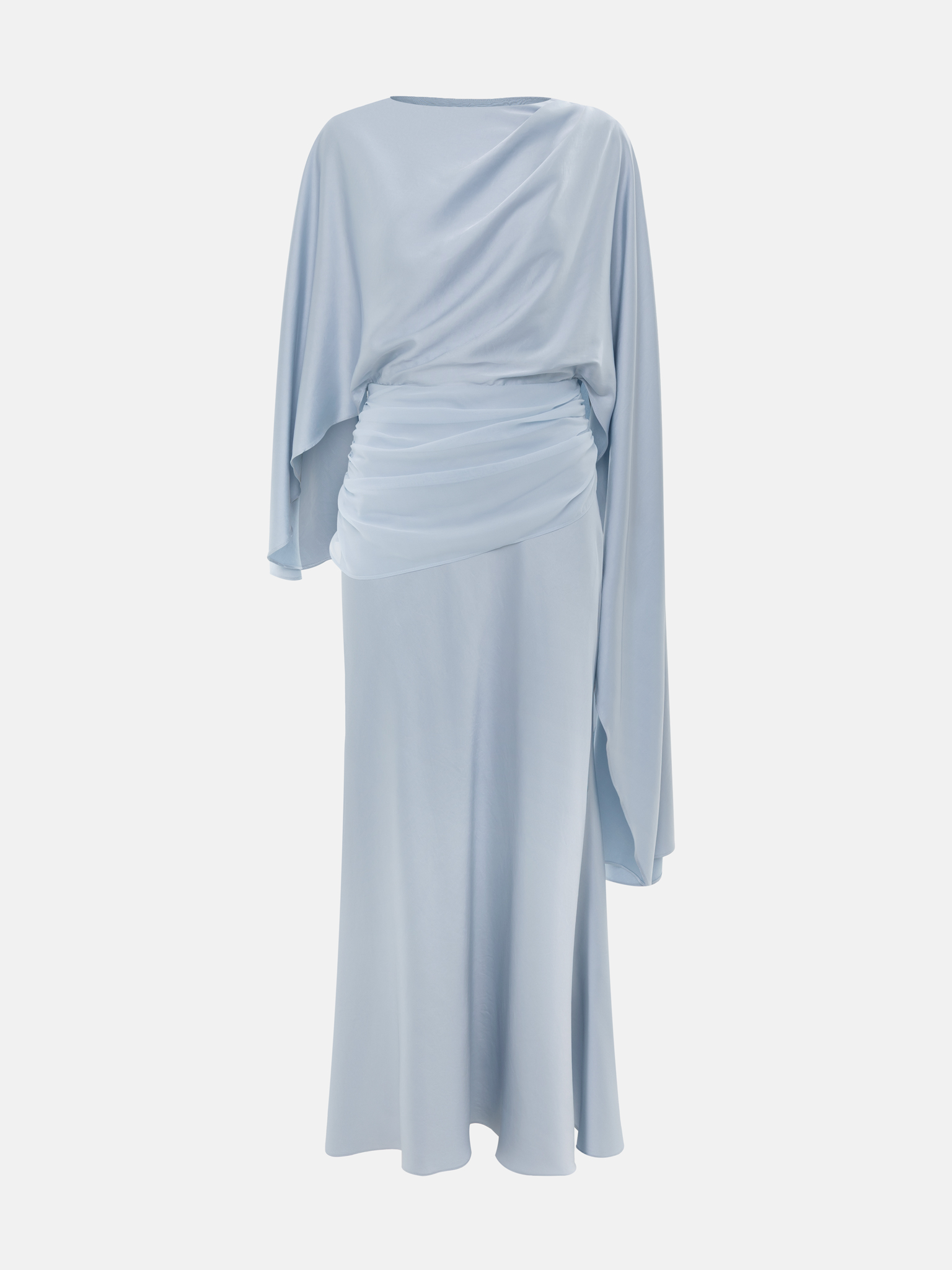 Satin maxi floor-length dress with asymmetrical drapery on the bodice