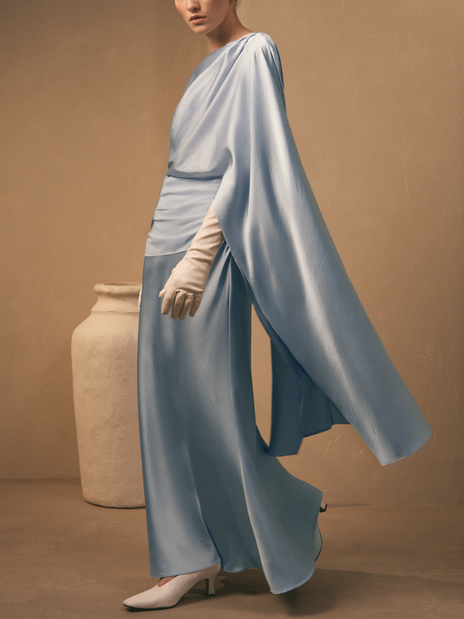 Satin maxi floor-length dress with asymmetrical drapery on the bodice