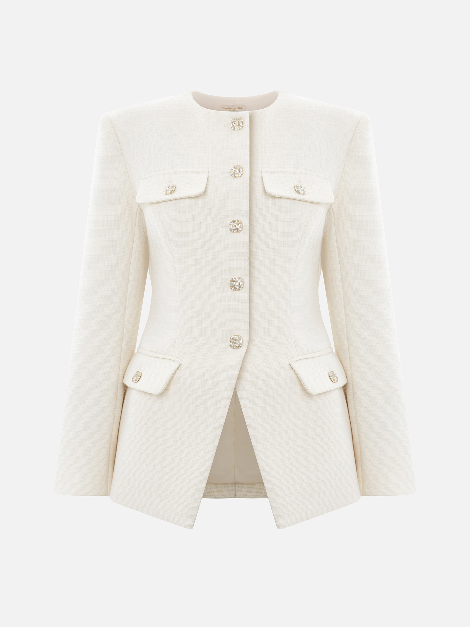 Fitted tweed jacket with rhinestone buttons