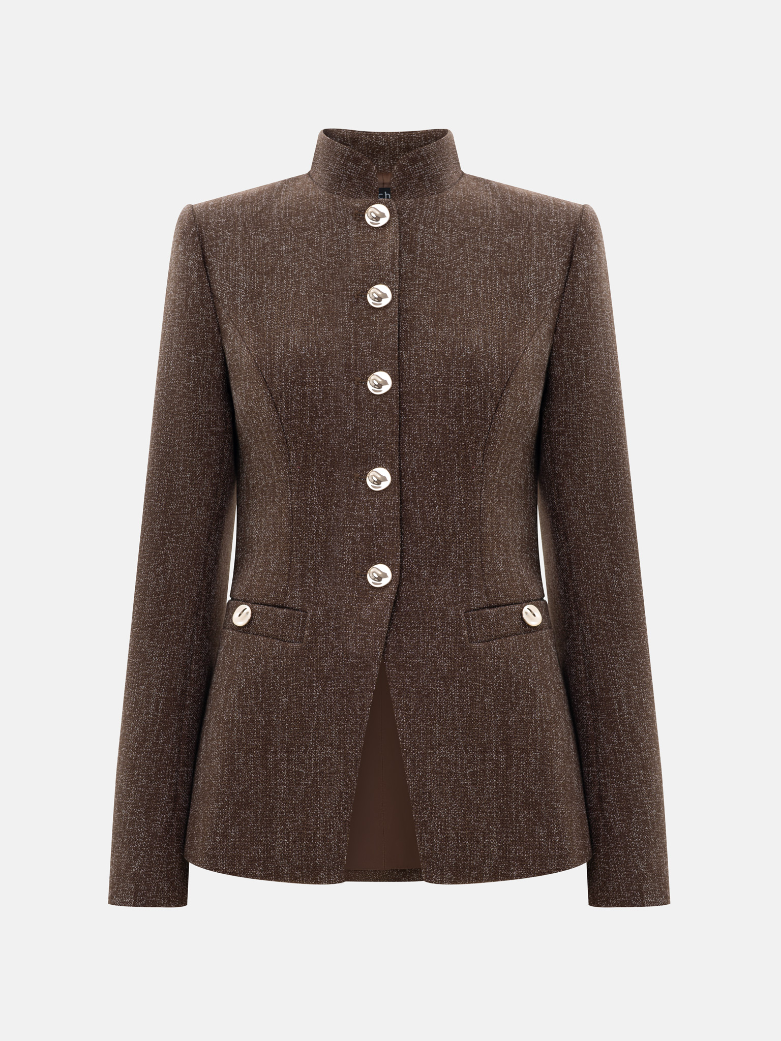 Удлиненный жакет из фактурной ткани с воротником-стойкой