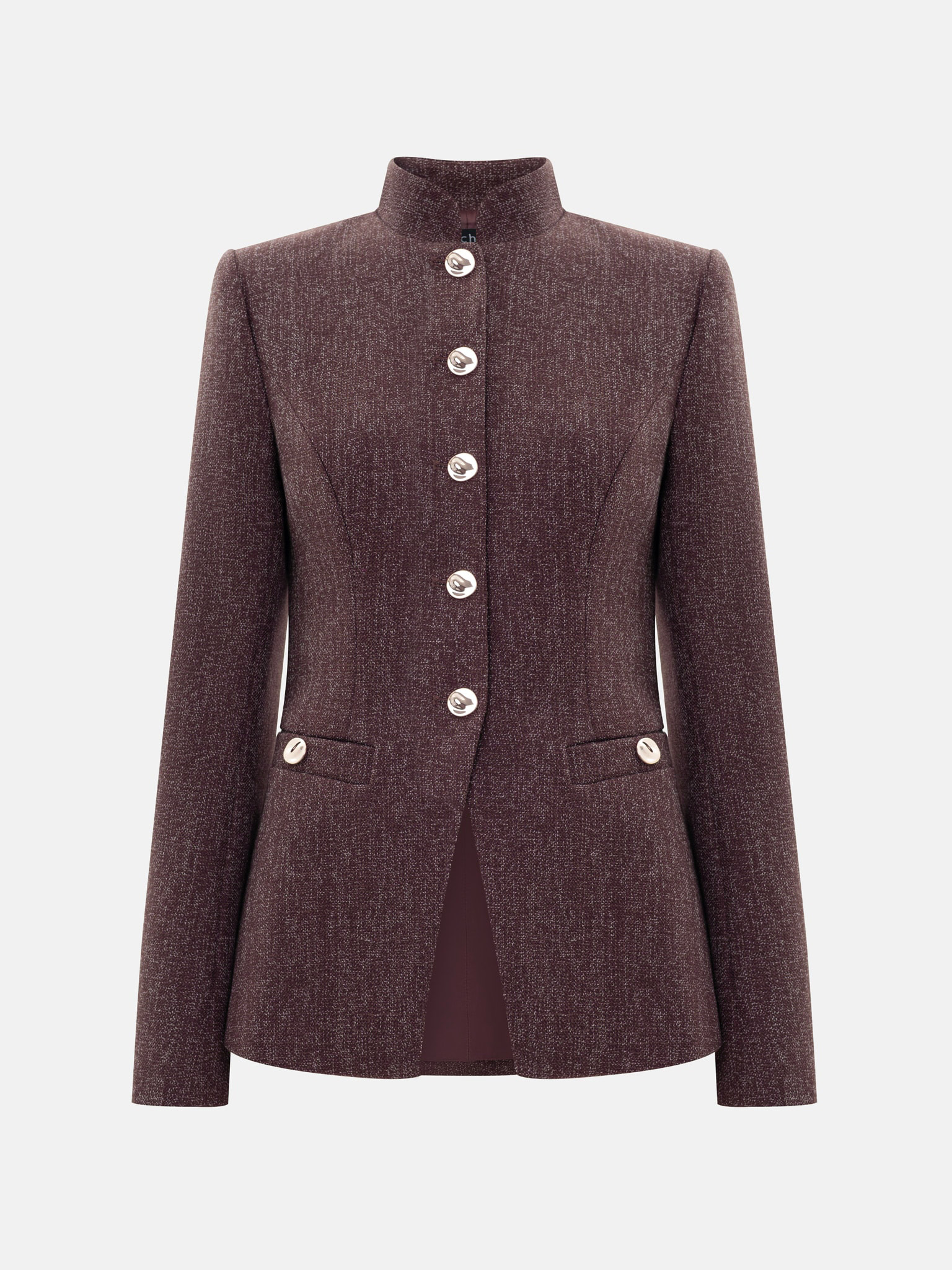 Long jacket in textured fabric with stand-up collar