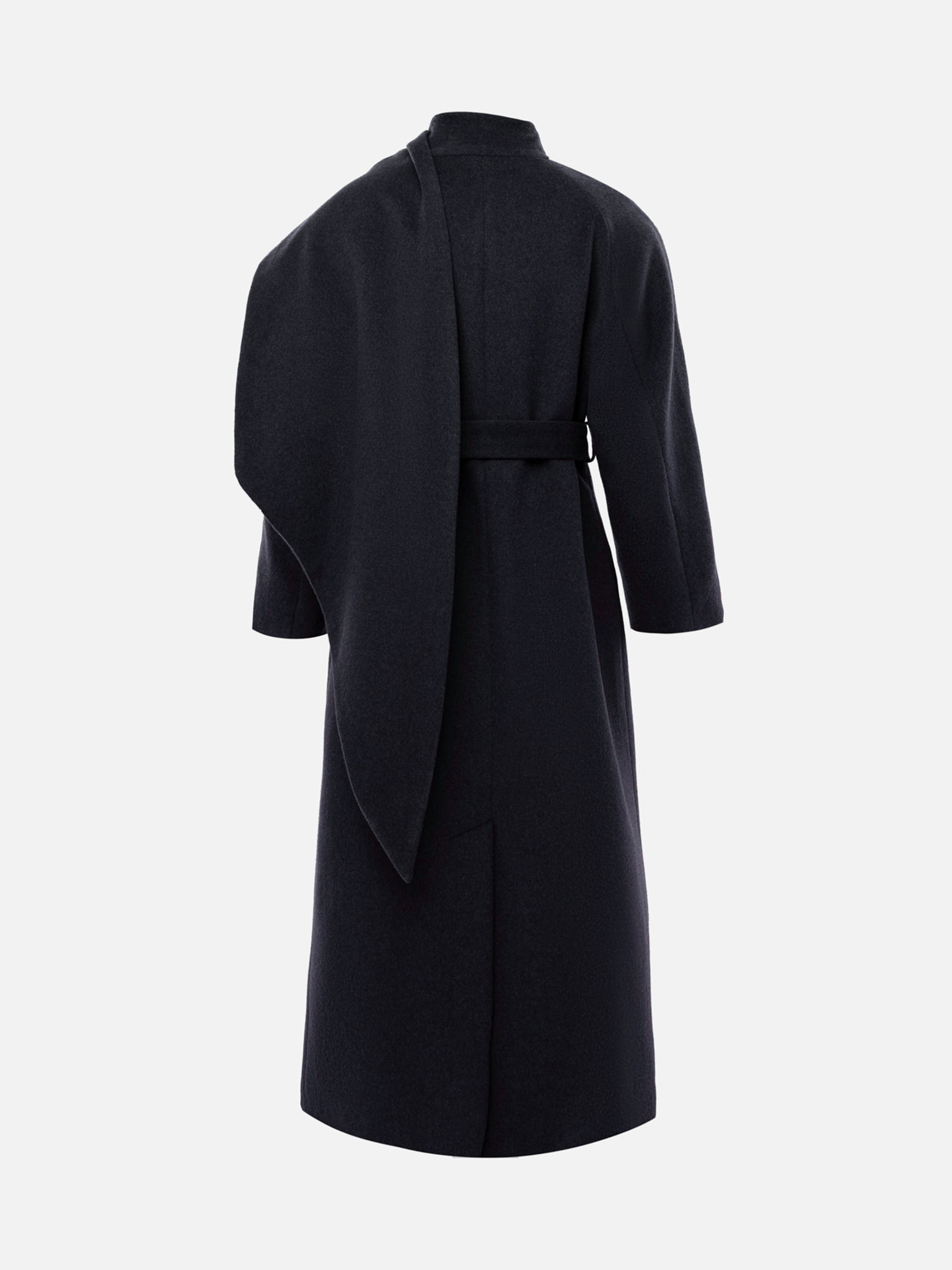 Wełniany płaszcz maxi z szalowym kołnierzem