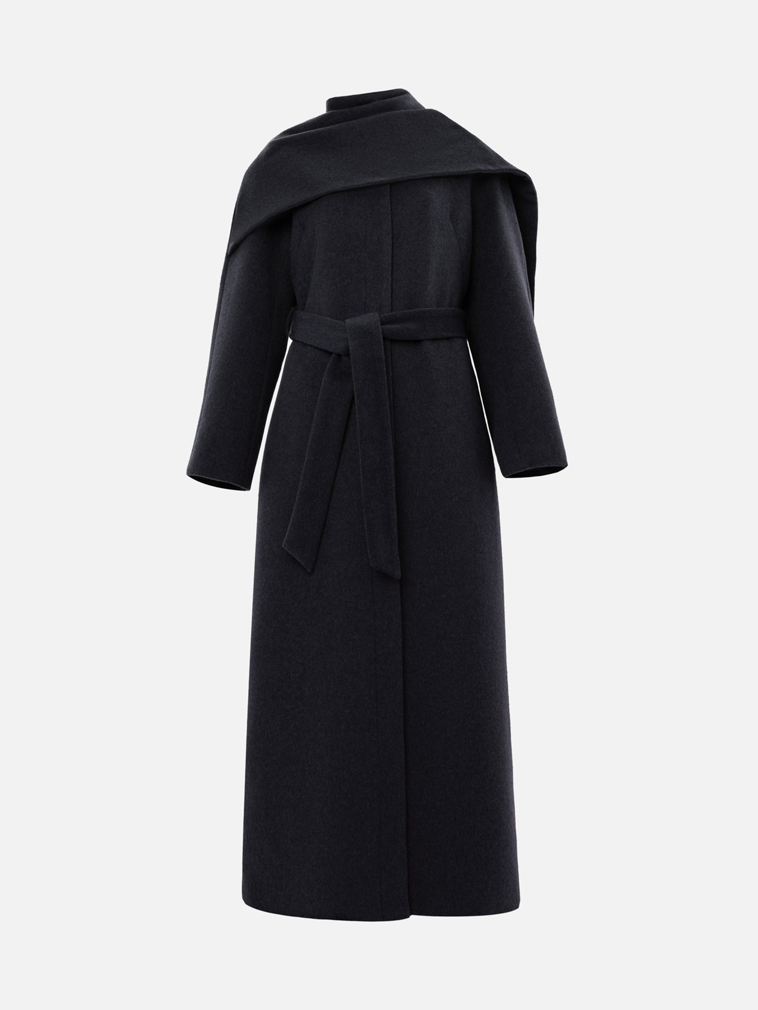 Wełniany płaszcz maxi z szalowym kołnierzem