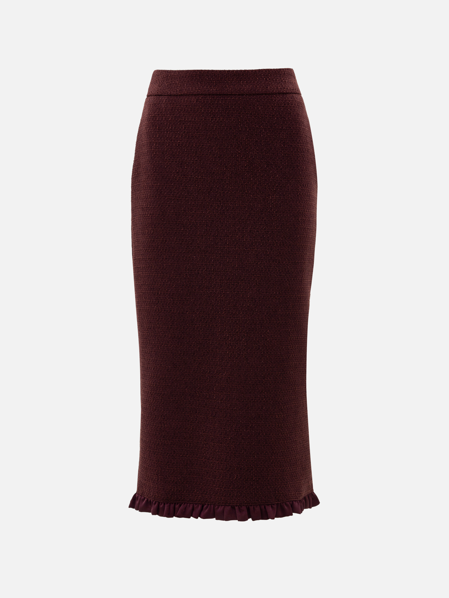 Straight-cut tweed midi skirt with ruffles