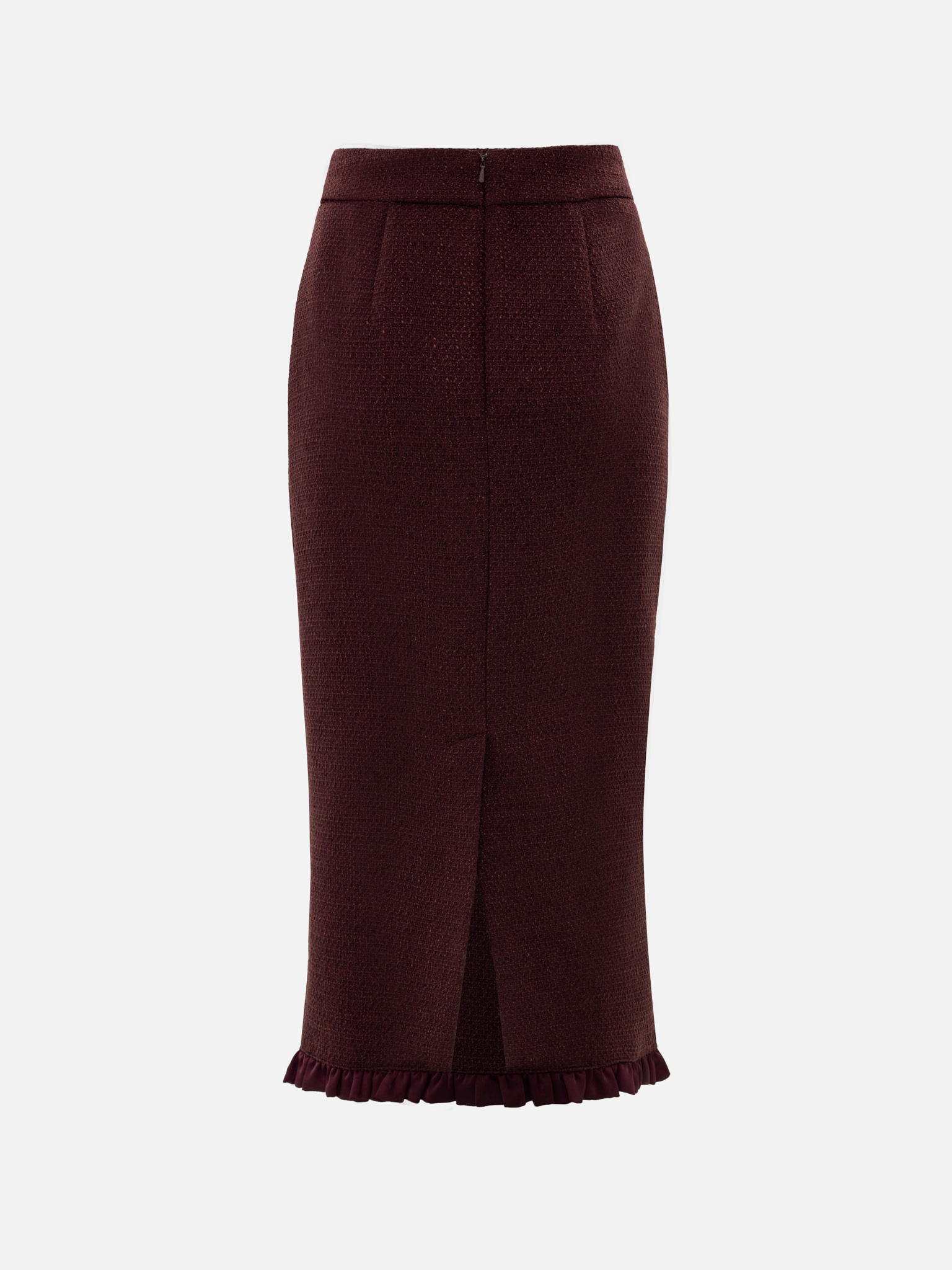 Straight-cut tweed midi skirt with ruffles