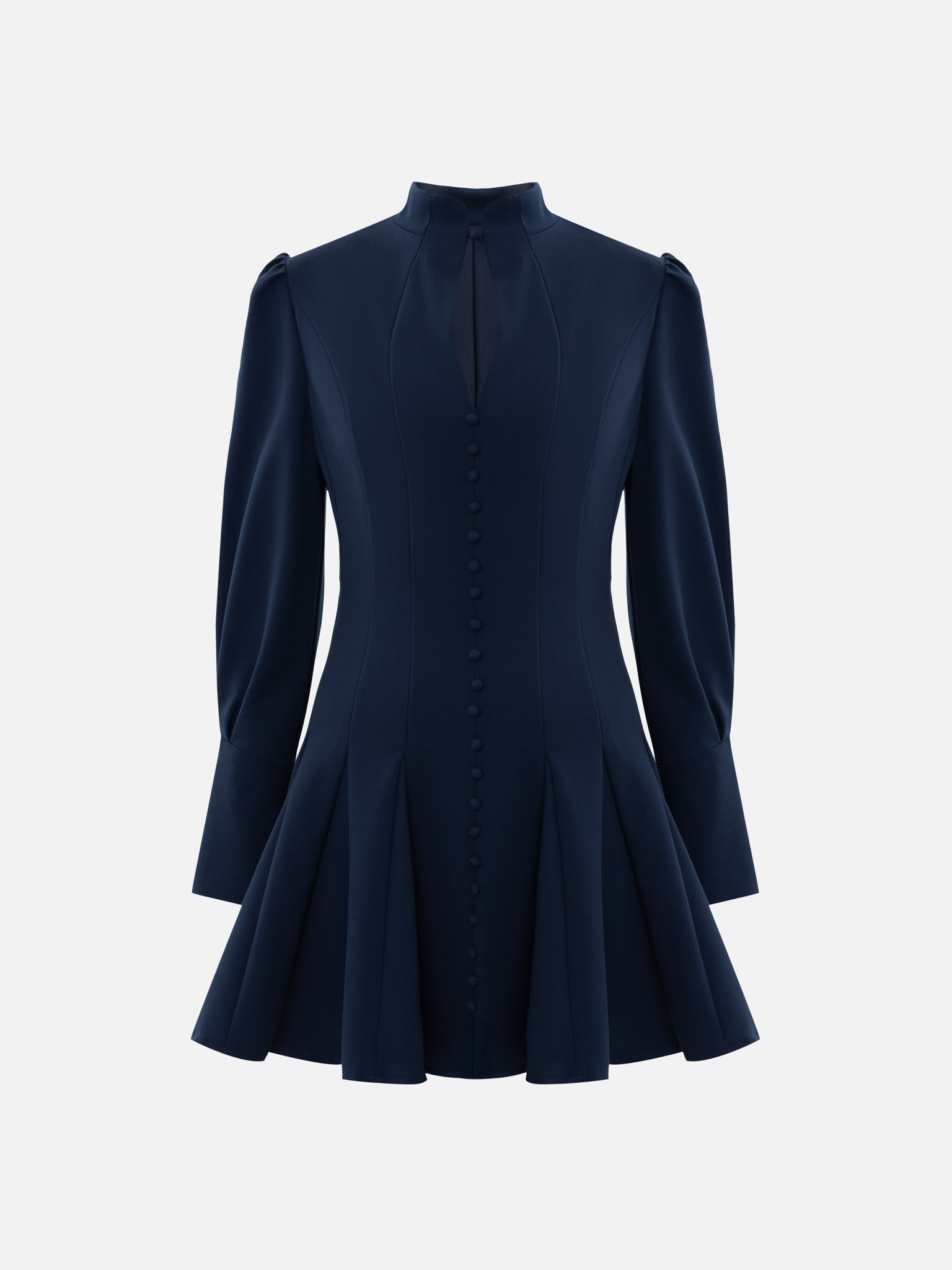 Fitted mini dress with shaped neckline and small buttons