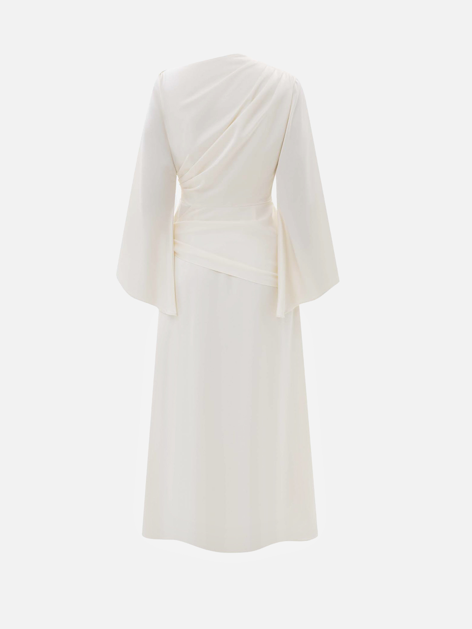 Maxi satin dress with long sleeves and asymmetrical draping