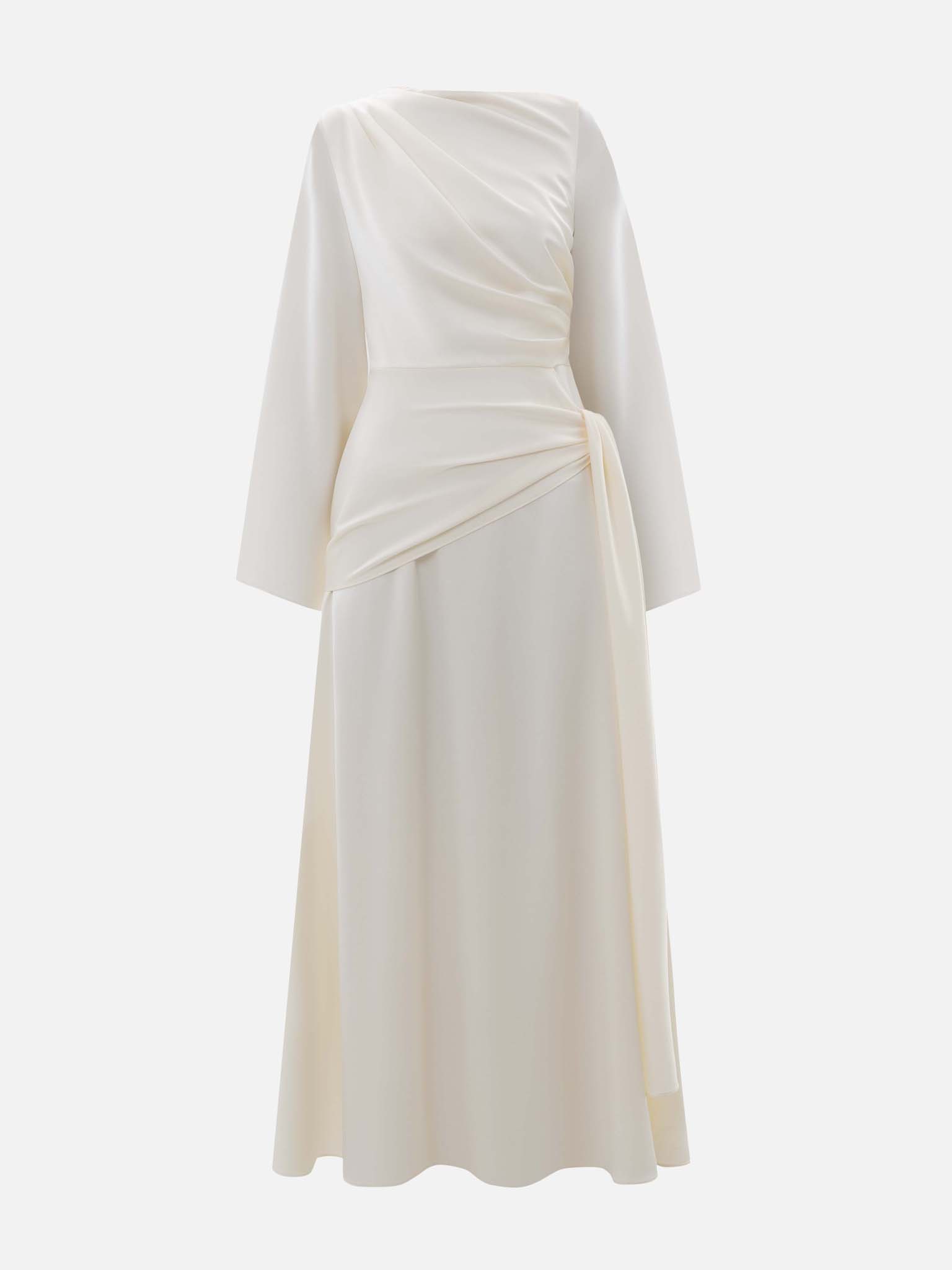 Maxi satin dress with long sleeves and asymmetrical draping