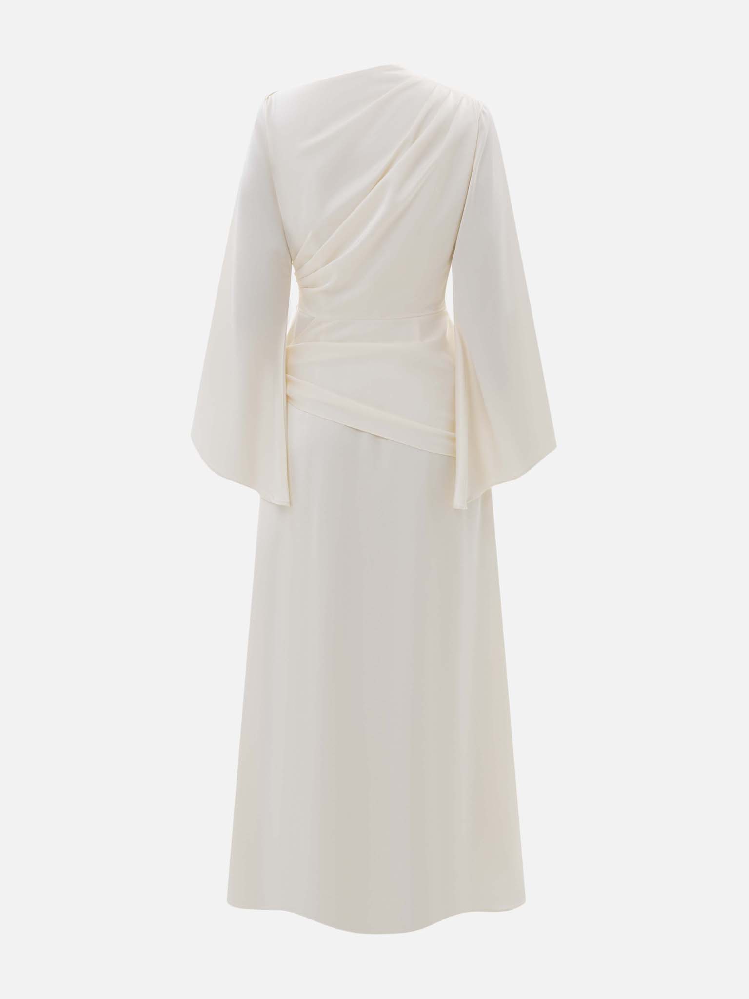 Maxi satin dress with long sleeves and asymmetrical draping