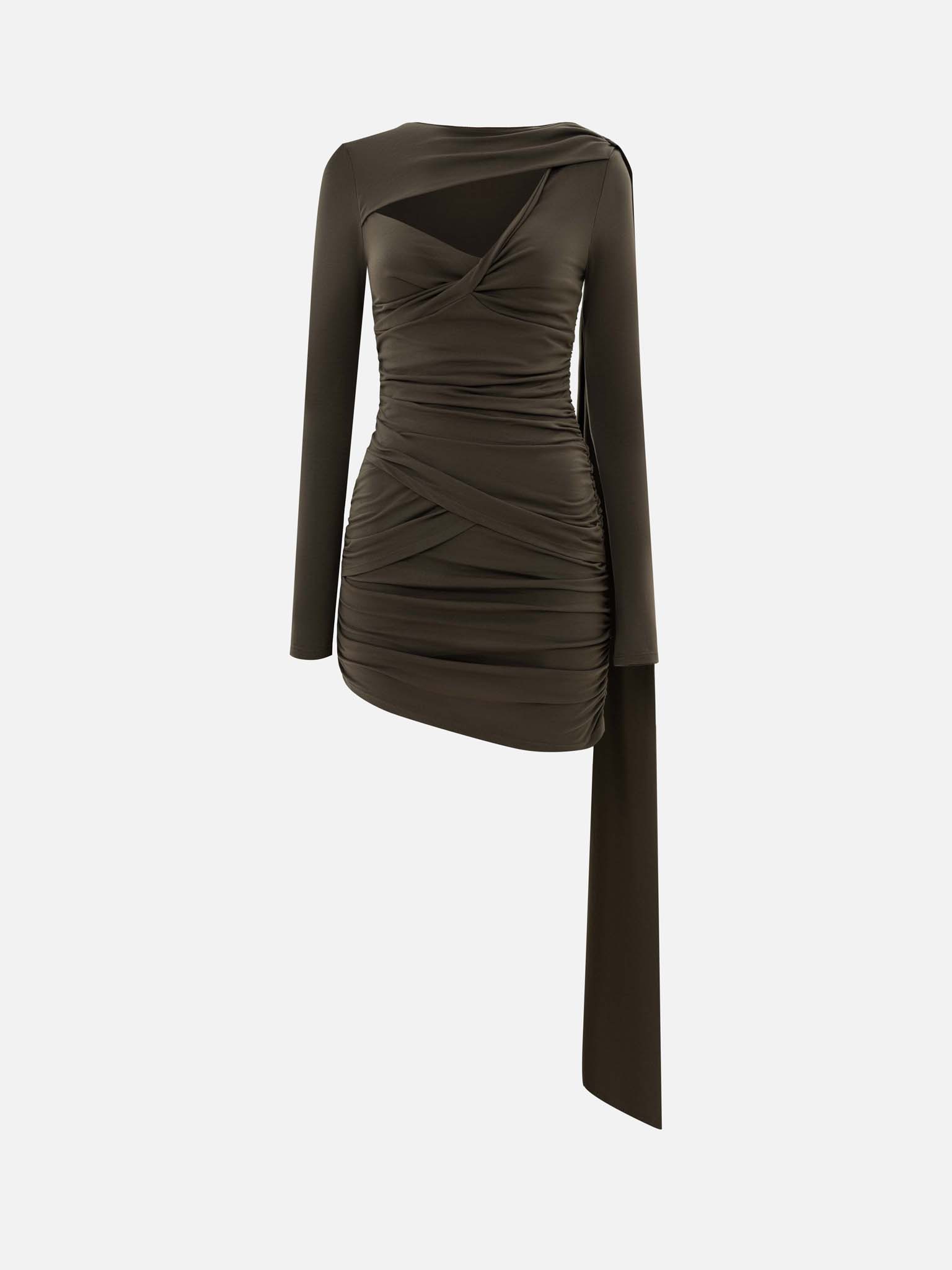 Трикотажное платье мини с асимметричными складками и декоративным шарфом