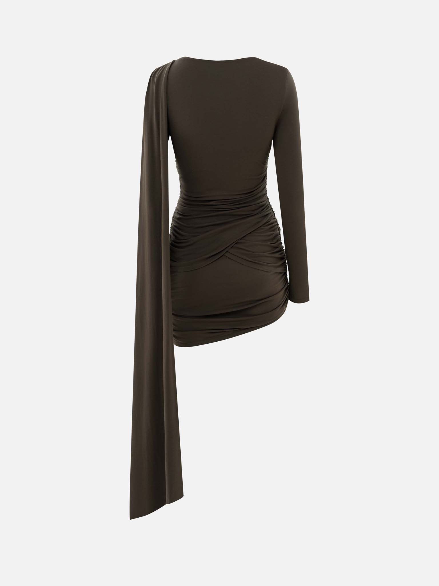 Трикотажное платье мини с асимметричными складками и декоративным шарфом