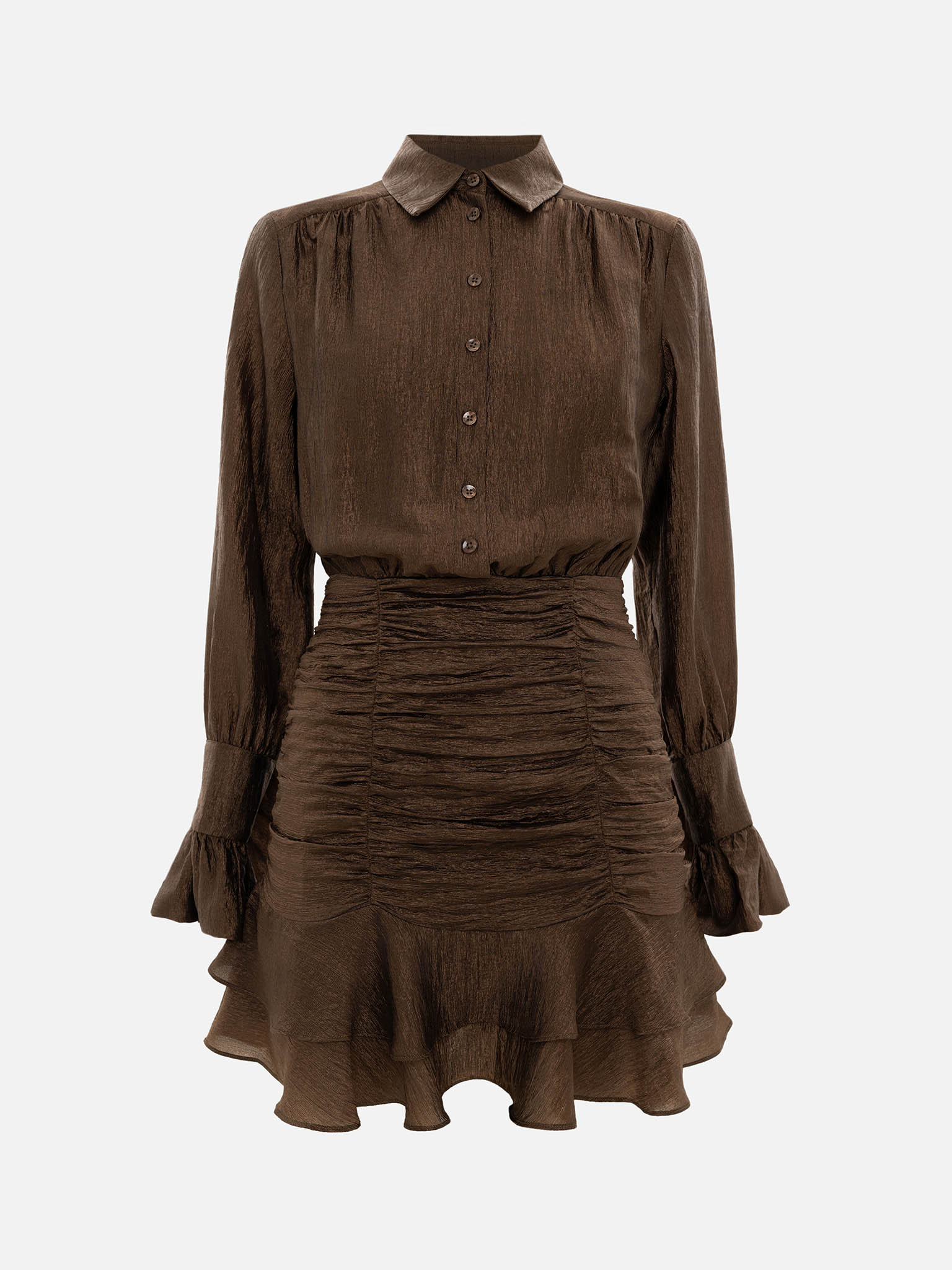 Mini dress with gathered skirt and small matching buttons