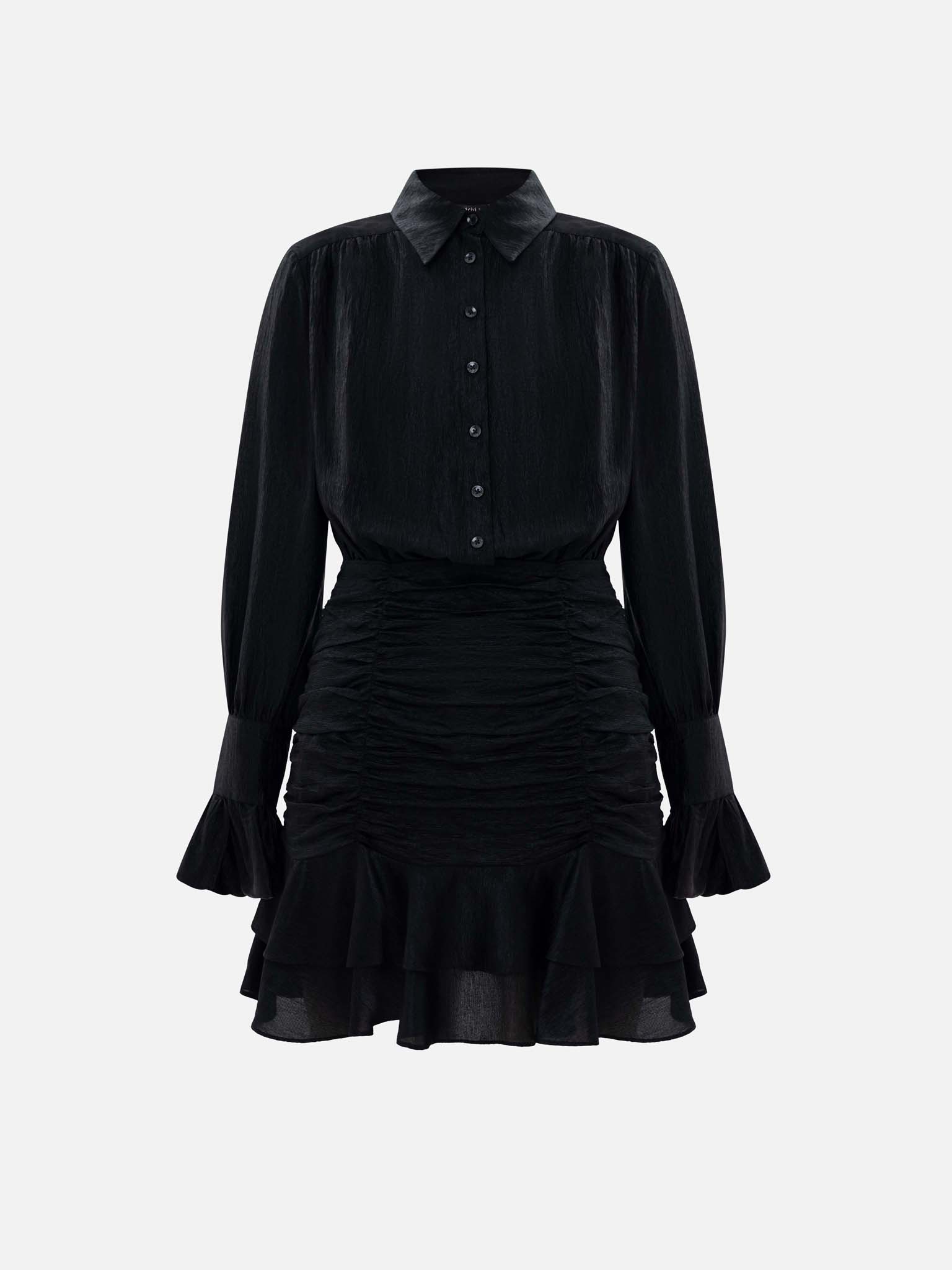 Mini dress with gathered skirt and small matching buttons