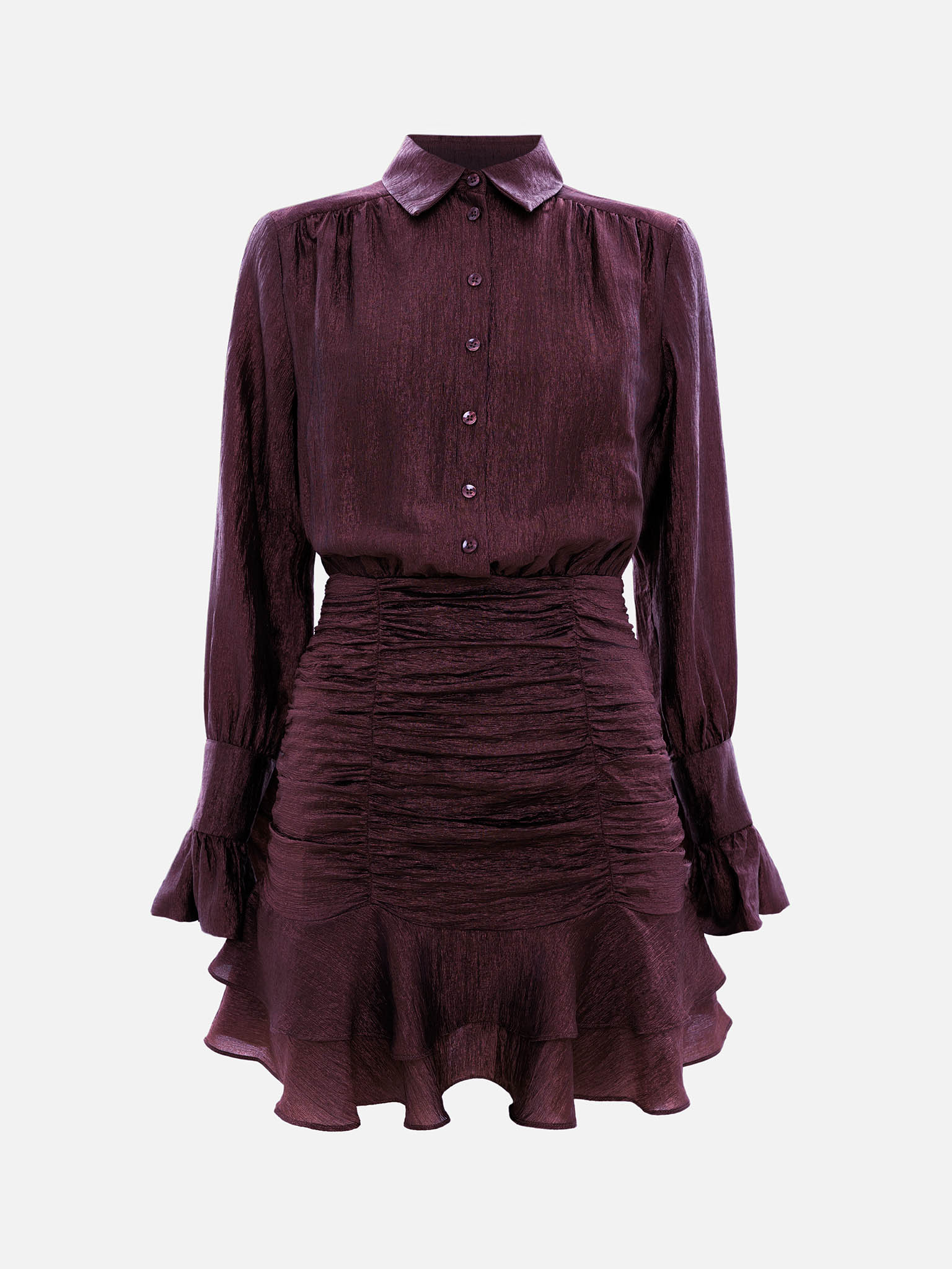 Mini dress with gathered skirt and small matching buttons