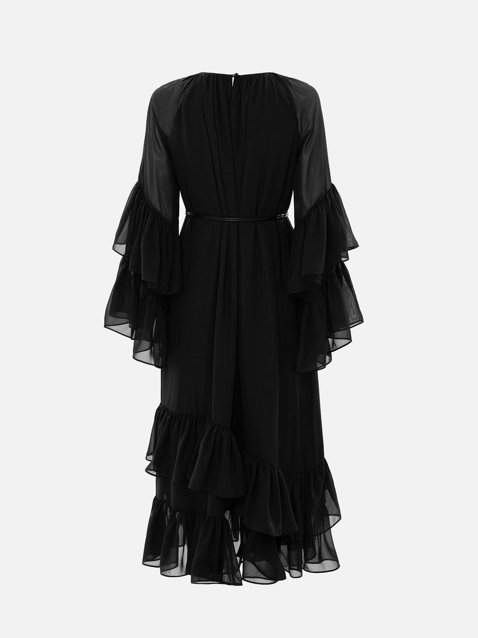 Chiffon midi dress with voluminous ruffles and eco-leather belt