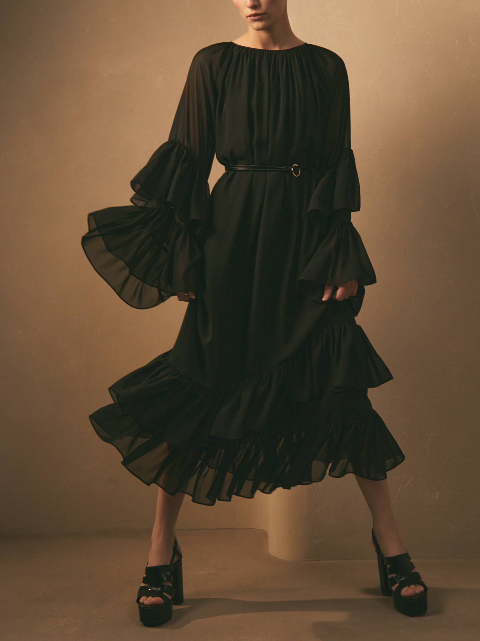 Chiffon midi dress with voluminous ruffles and eco-leather belt