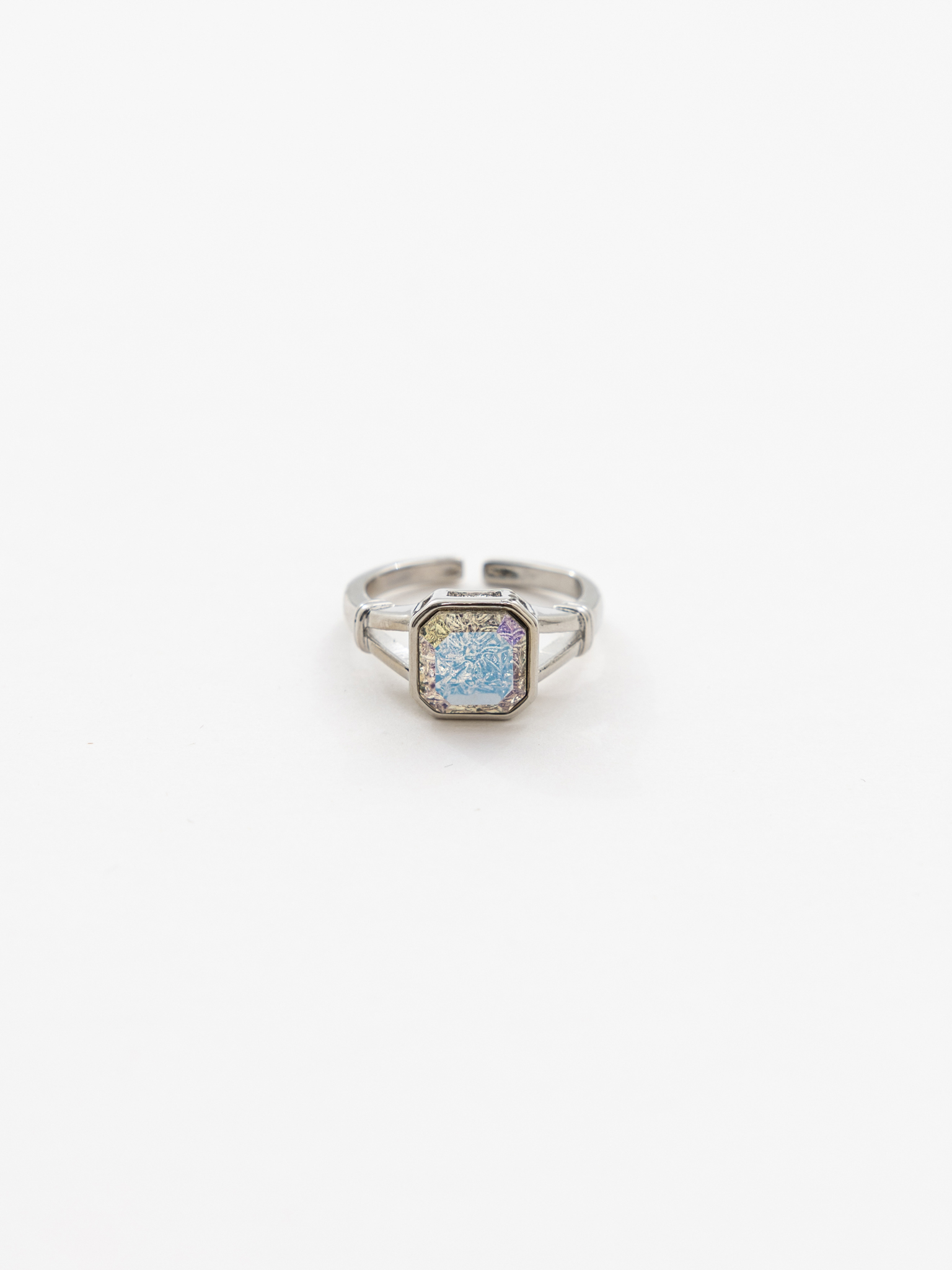 Wide silvertone ring with large crystal