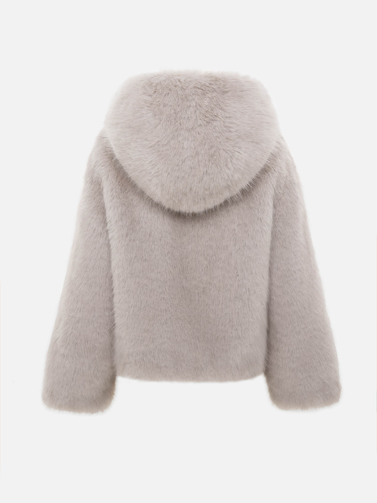 Kurzer Mantel aus Eco-Pelz mit Reißverschluss und Kapuze
