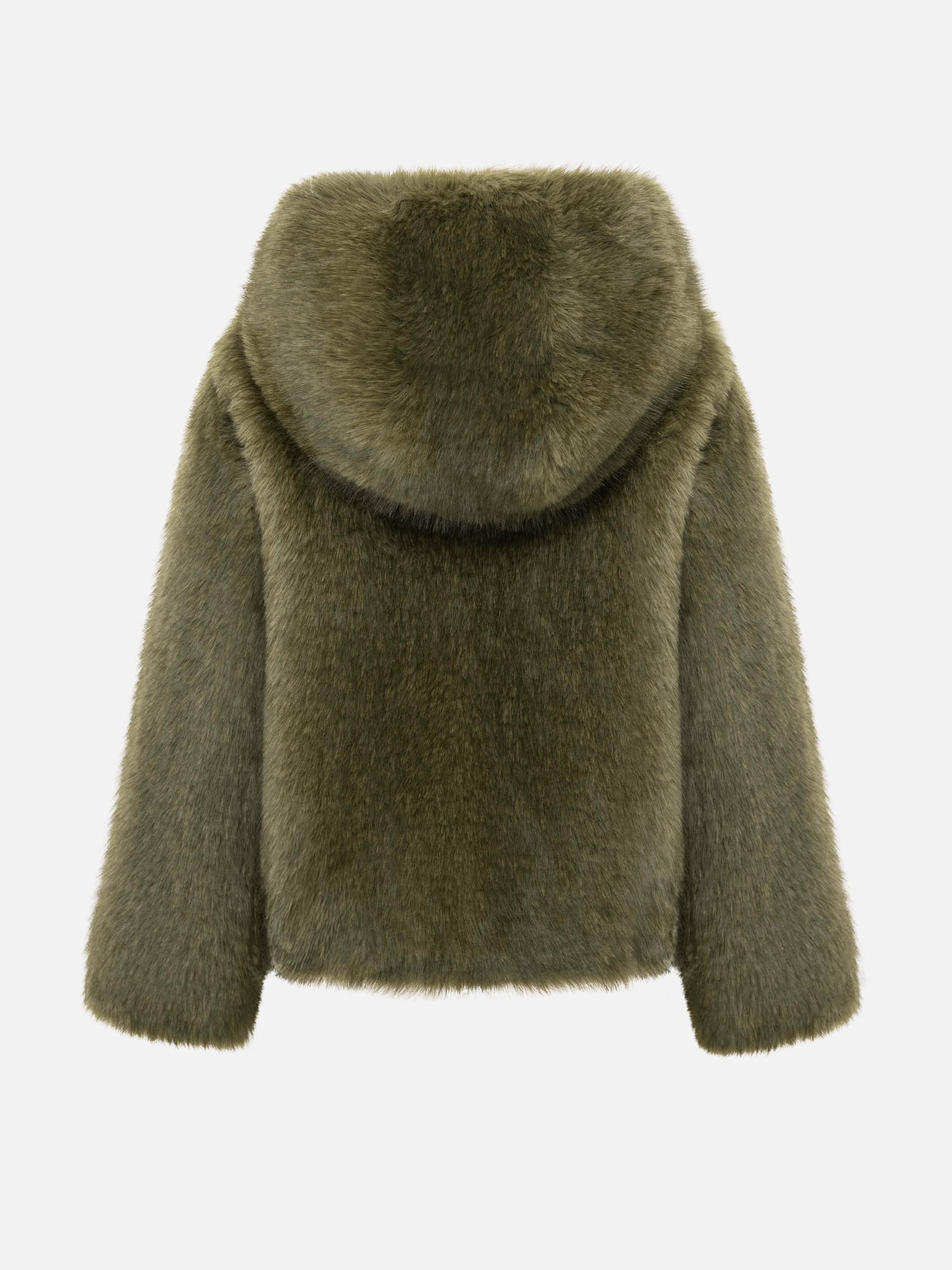 Kurzer Mantel aus Eco-Pelz mit Reißverschluss und Kapuze