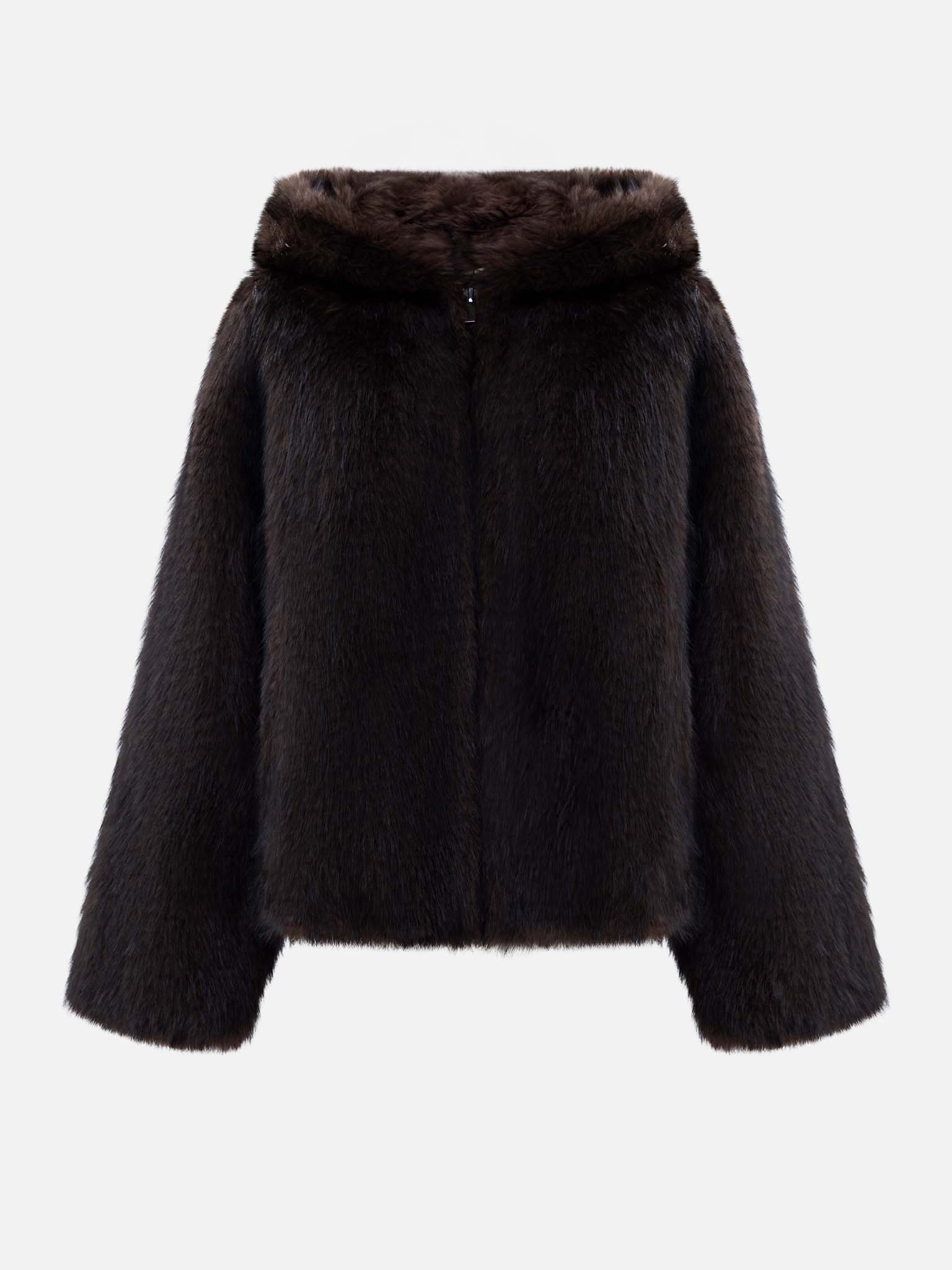 Kurzer Mantel aus Eco-Pelz mit Reißverschluss und Kapuze