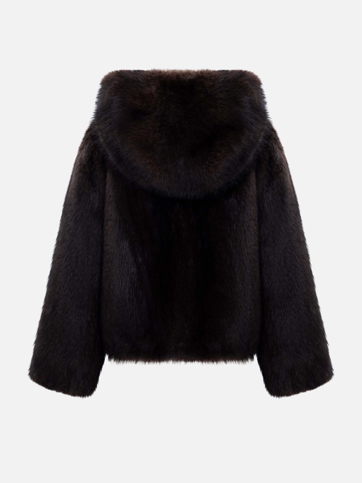 Kurzer Mantel aus Eco-Pelz mit Reißverschluss und Kapuze