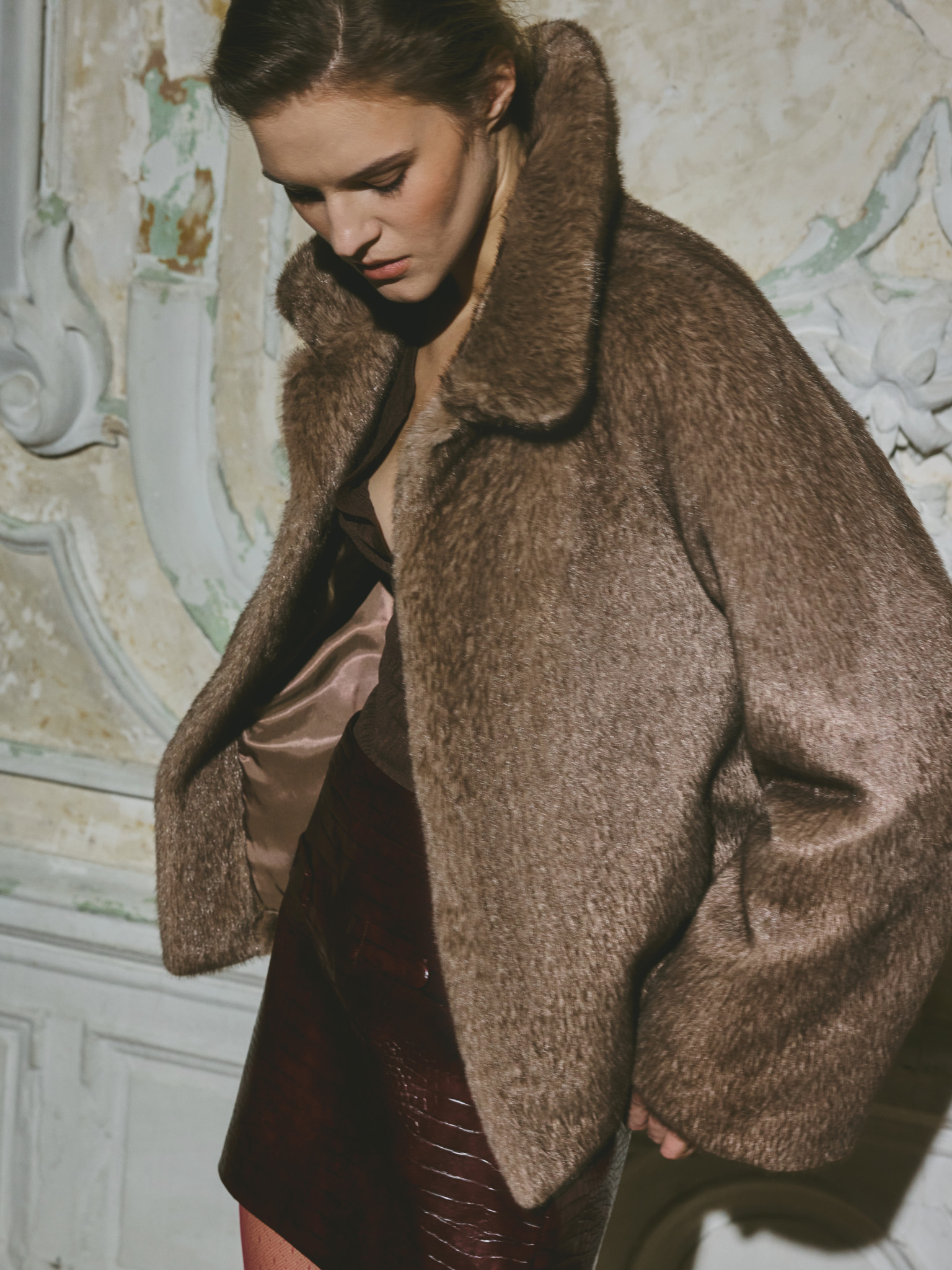 Short straight eco-fur coat with triangular collar