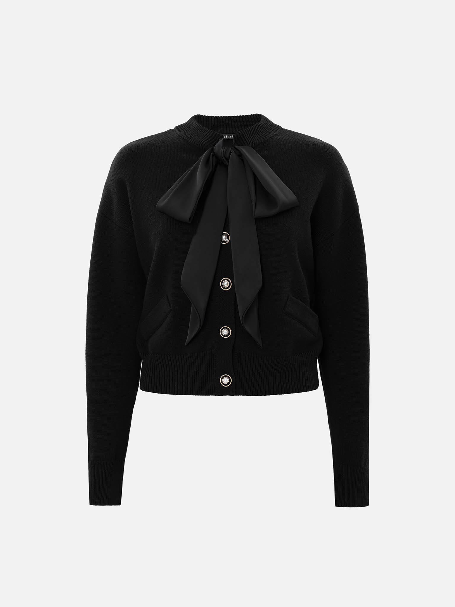 Knitted cardigan with a satin bow